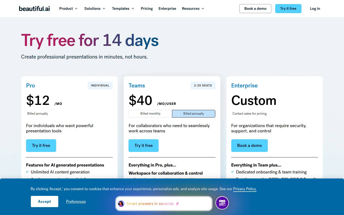 Screenshot of Beautiful.ai pricing page