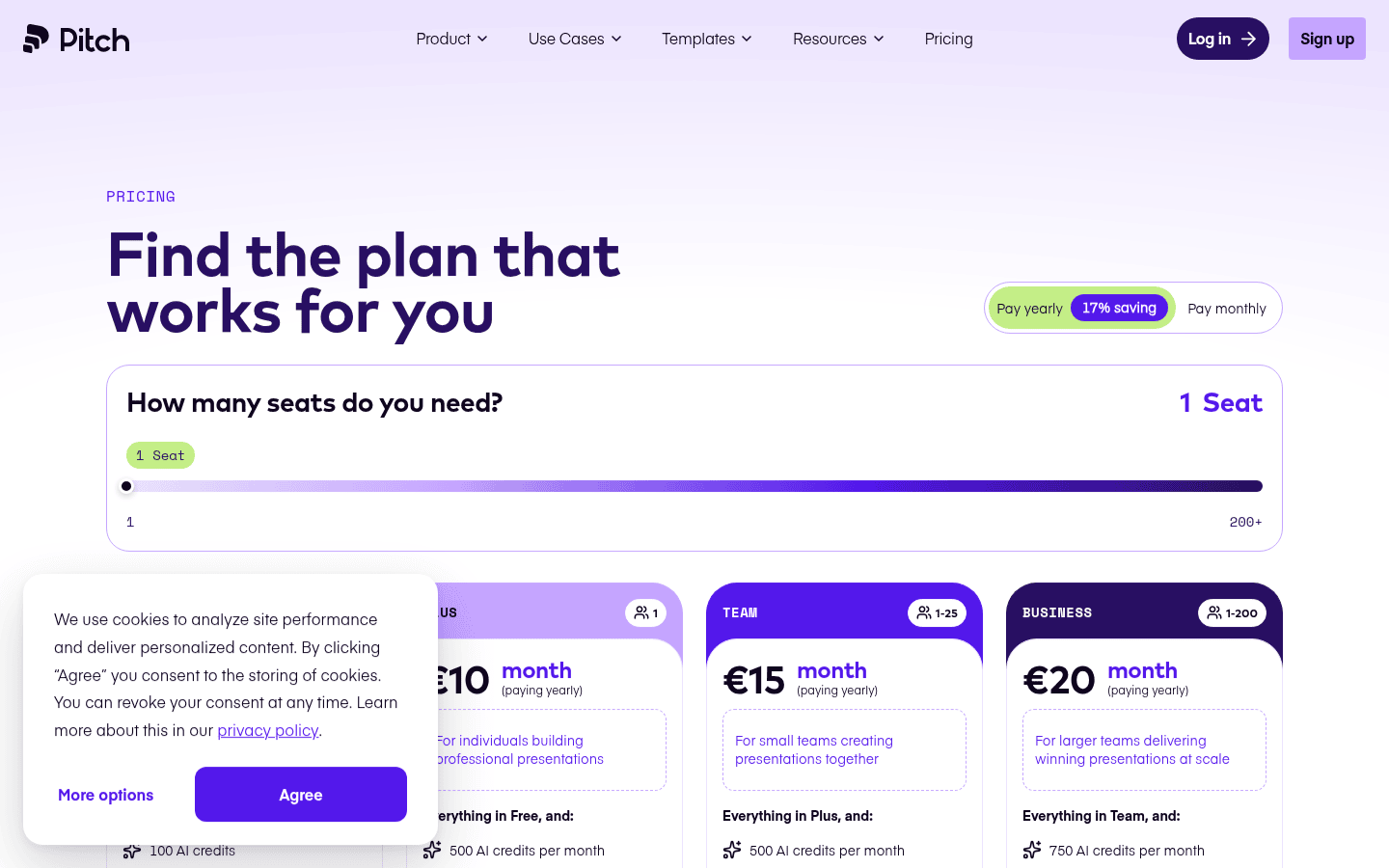 Screenshot of Pitch pricing page