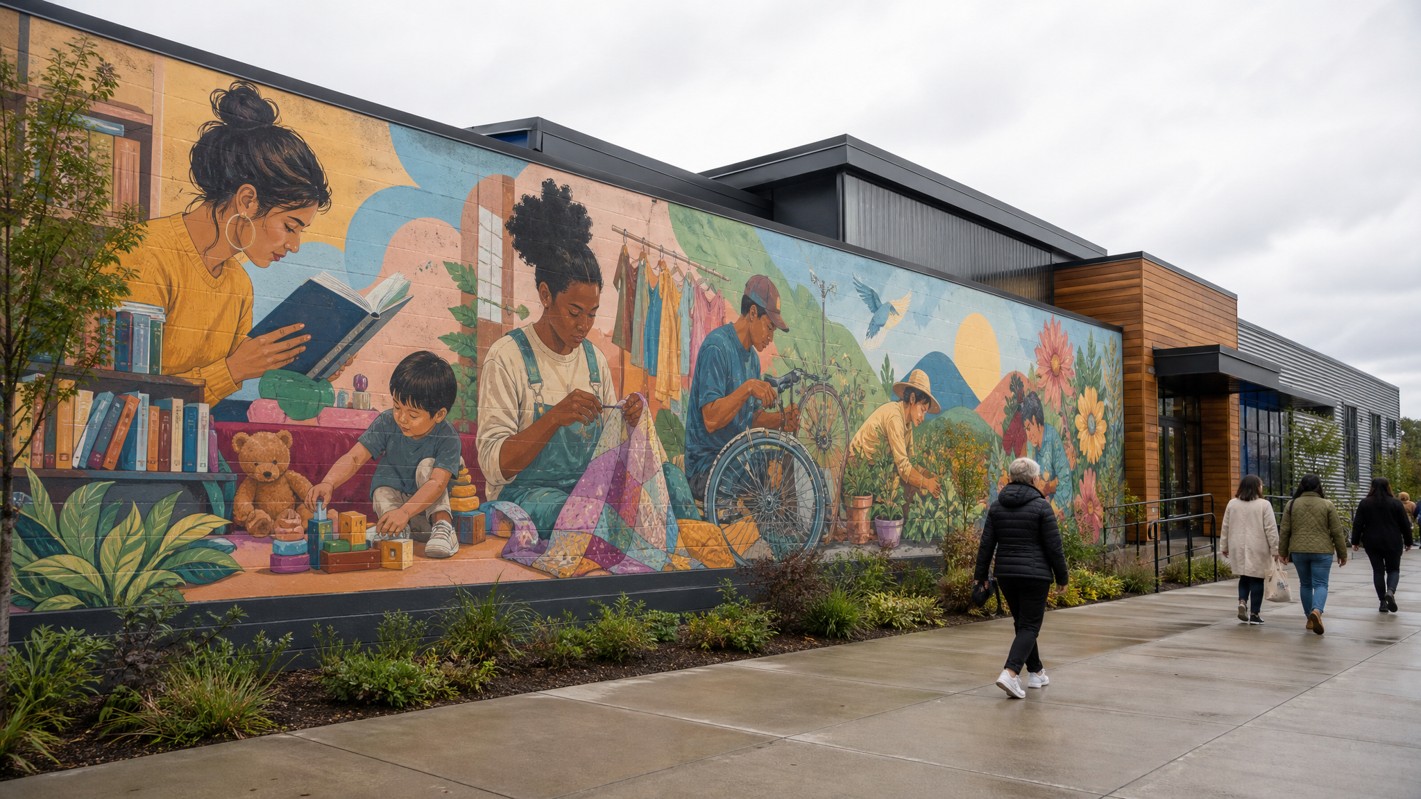 Wide community hub wall covered by a long illustrated mural with icons and scenes suggesting repair, swaps, and compost activities