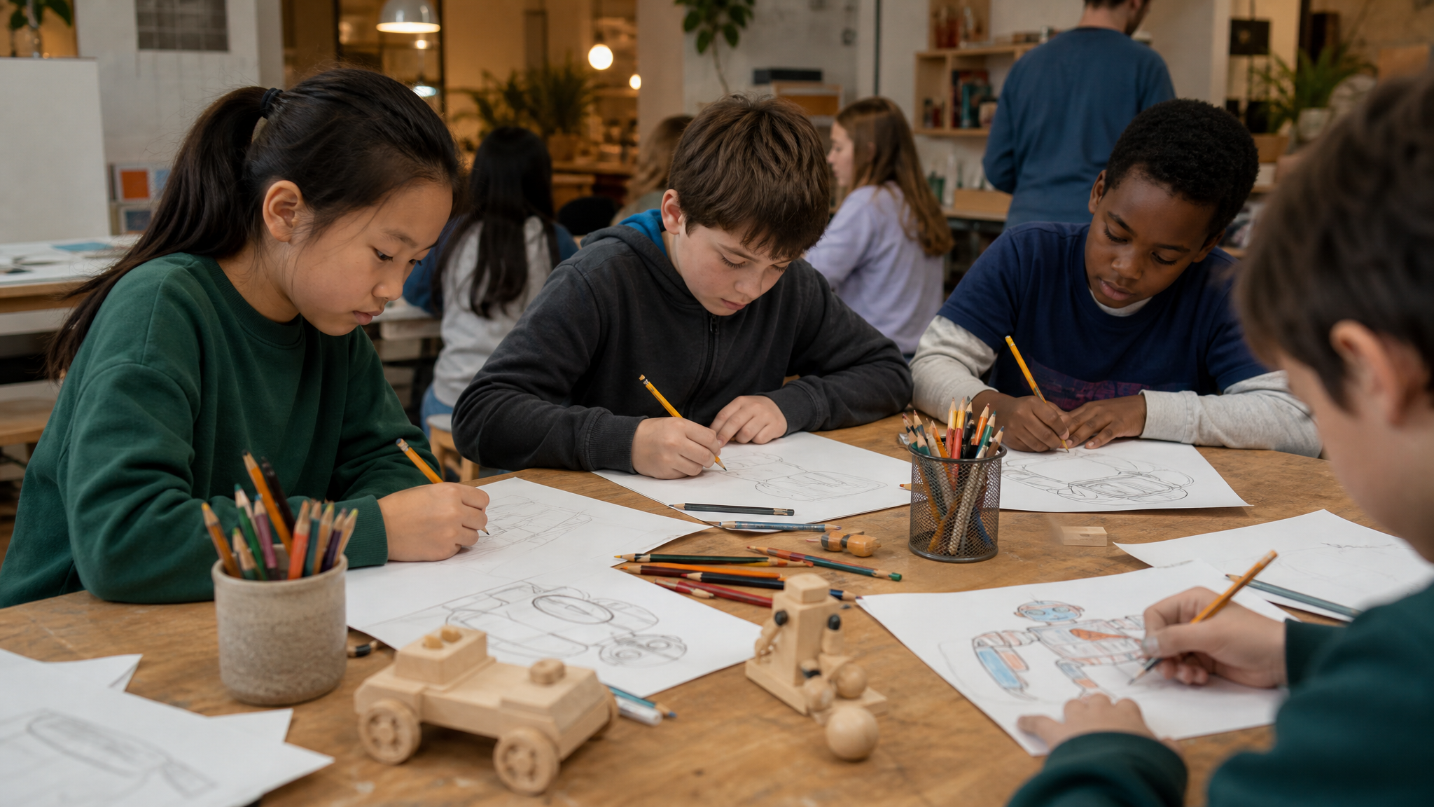 Children around a table sketching toy ideas with colored pencils for a community mural workshop