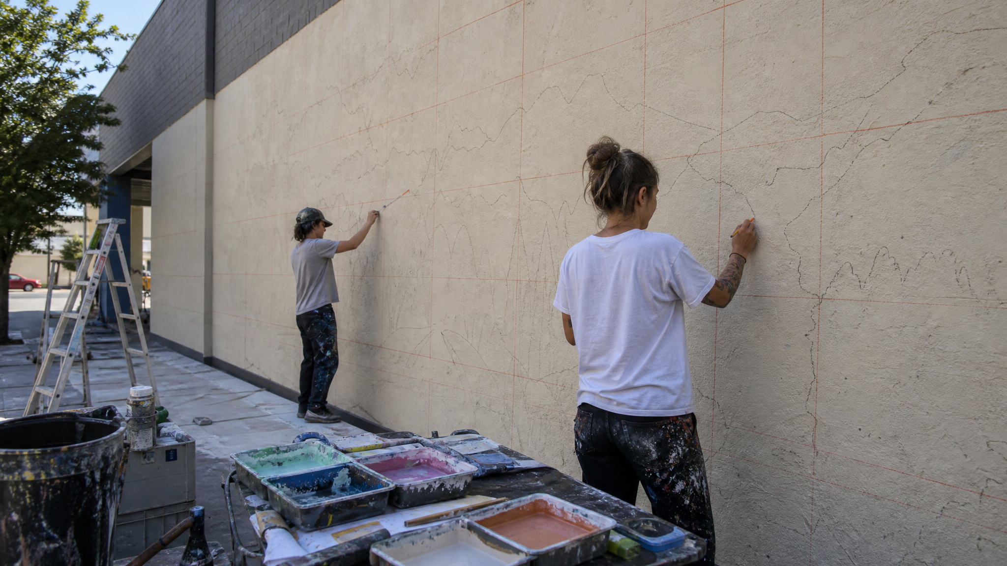 Professional mural painters marking a large wall from a projected or mapped digital layout before painting