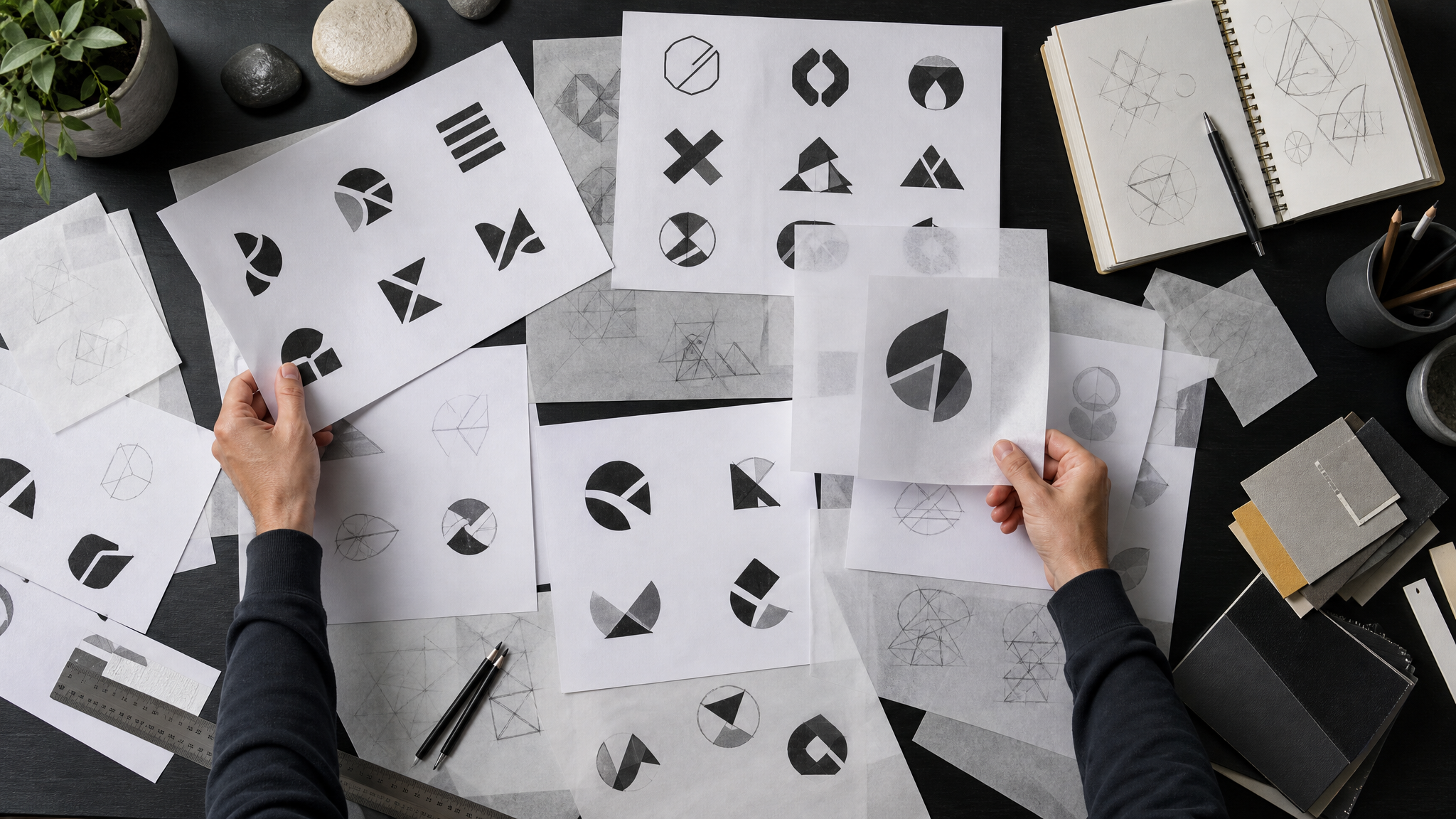 Printed sheets of varied abstract logo concepts spread across a worktable with pens, tracing paper, and color chips