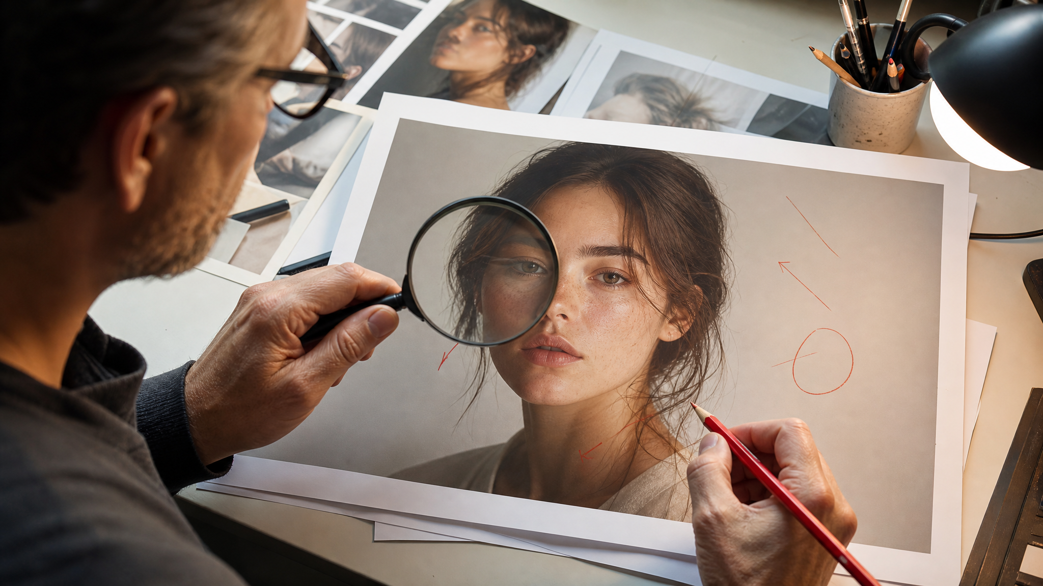 Designer closely inspecting an AI-generated portrait print for visual errors under bright studio light