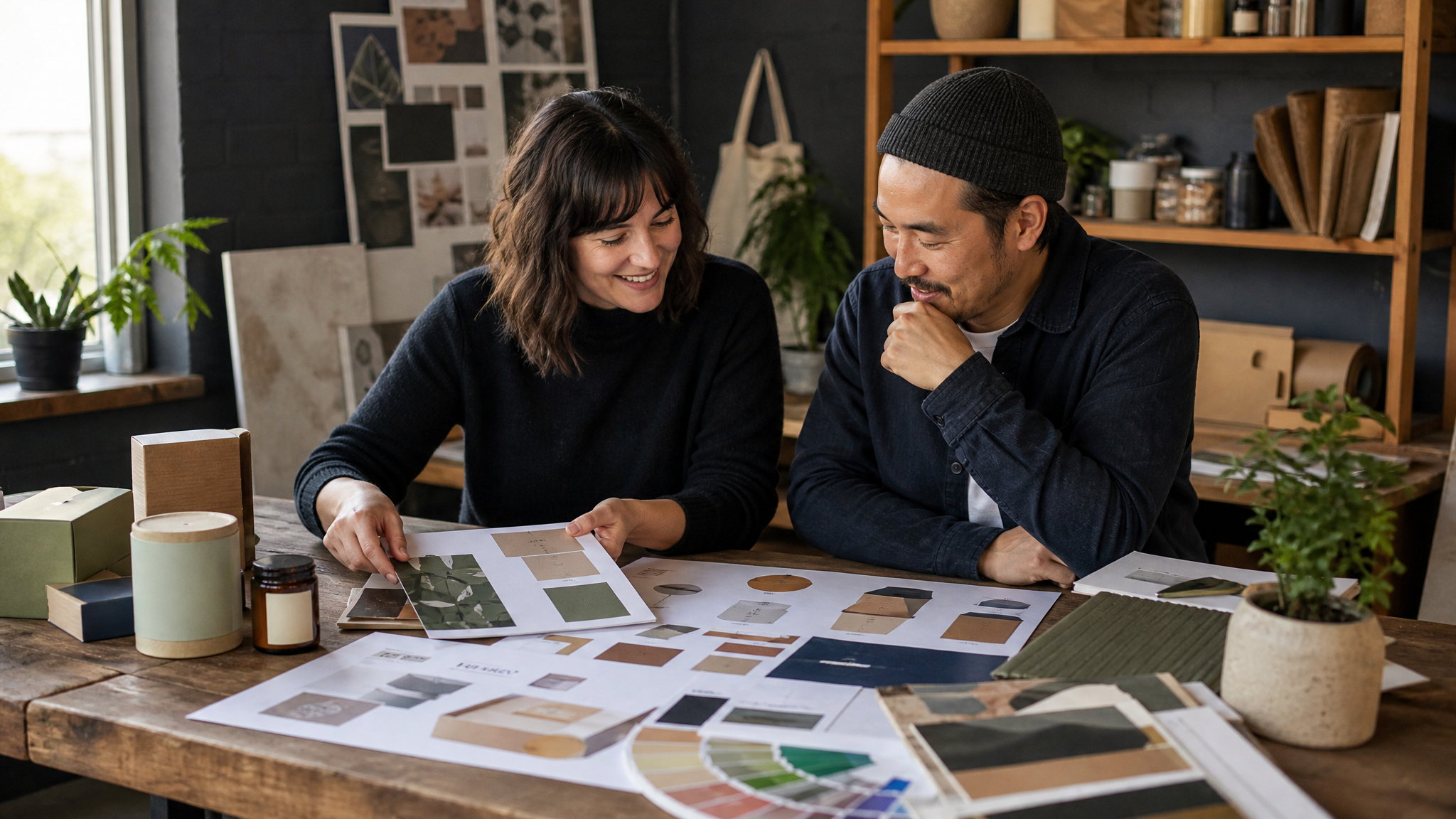 Small business owner and designer reviewing packaging proofs and signage mockups across a shared table