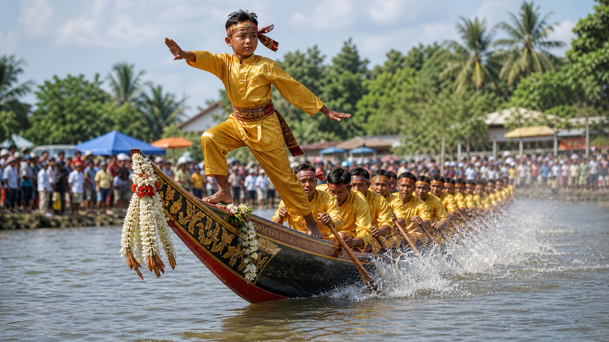 A long wooden racing boat cutting through water with a child standing at the bow in a poised dance-like stance during a traditional riverside festival