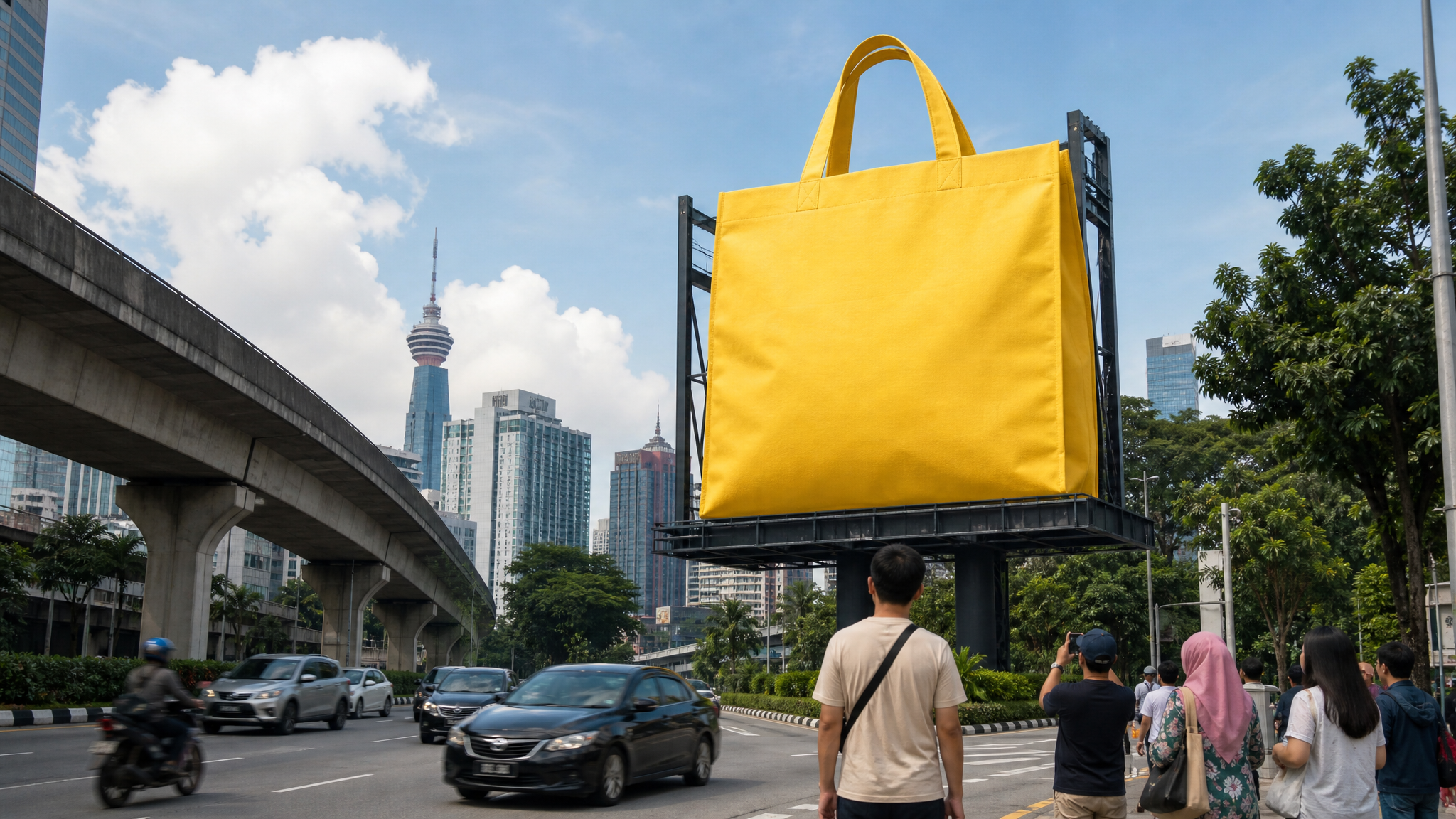 A minimalist oversized reusable shopping bag displayed on a roadside billboard structure while nearby pedestrians look up and passing traffic blurs below