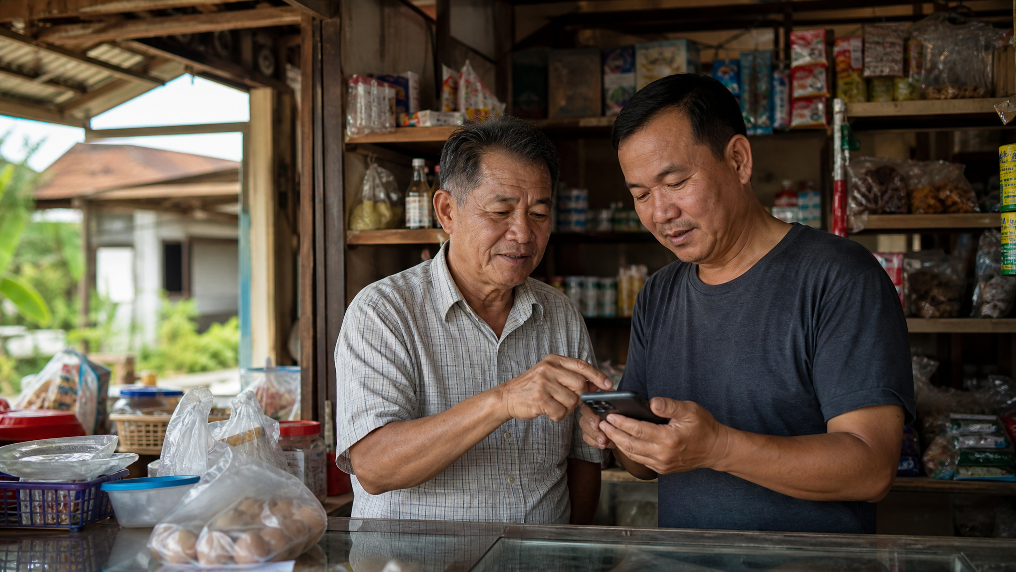 An older shopkeeper and customer looking at a smartphone together inside a small-town store with product shelves and daylight from the street