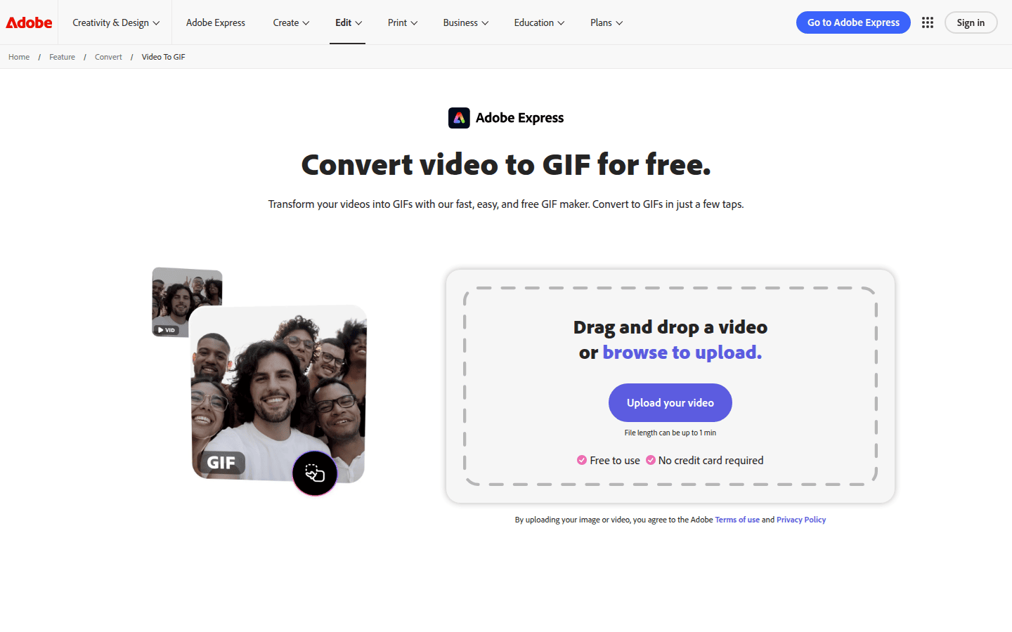 Adobe Express video to GIF converter page showing trim, size, aspect ratio, and continued editing messaging