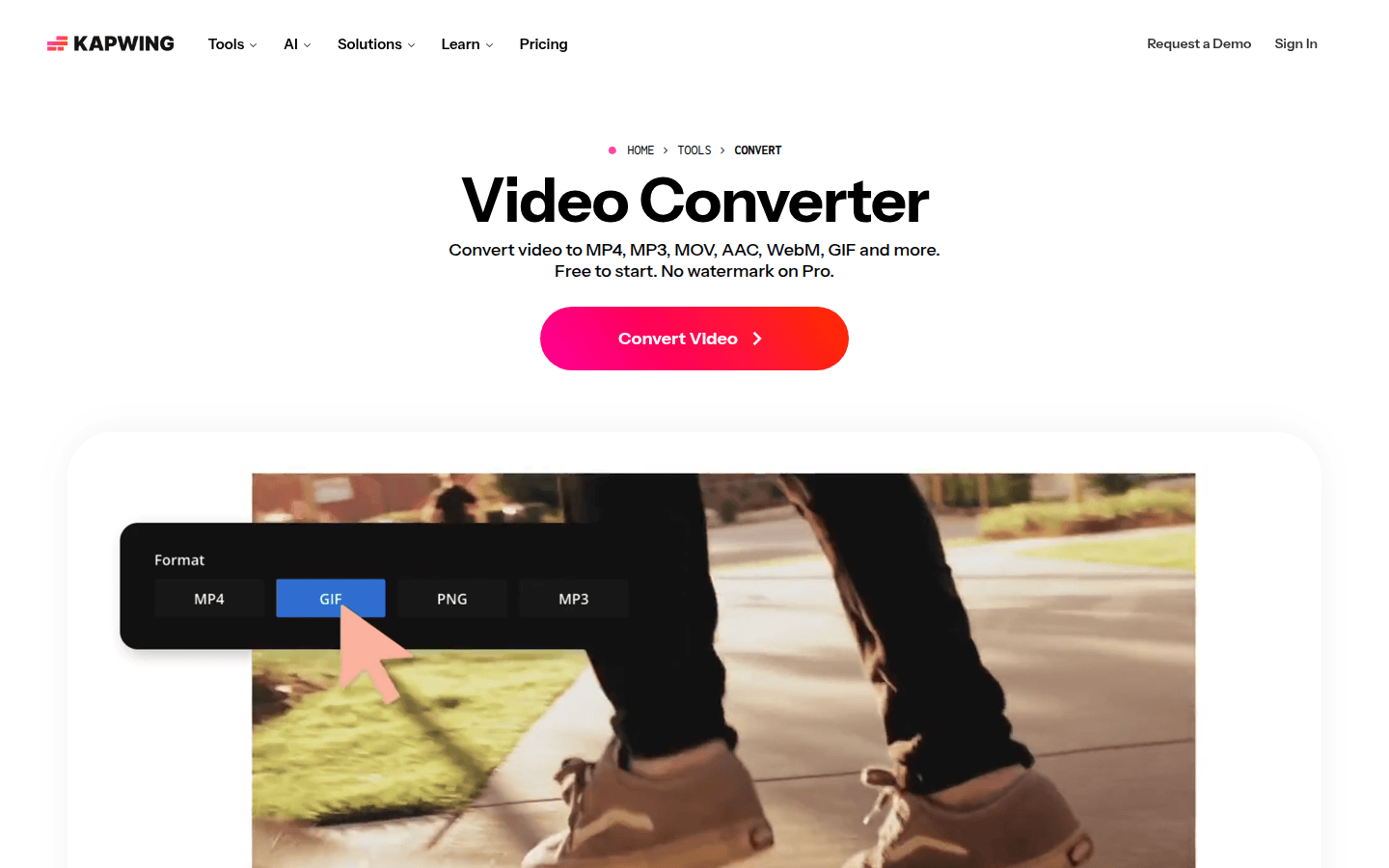 Kapwing online converter page showing browser-based conversion and editing options such as trim, resize, and subtitles