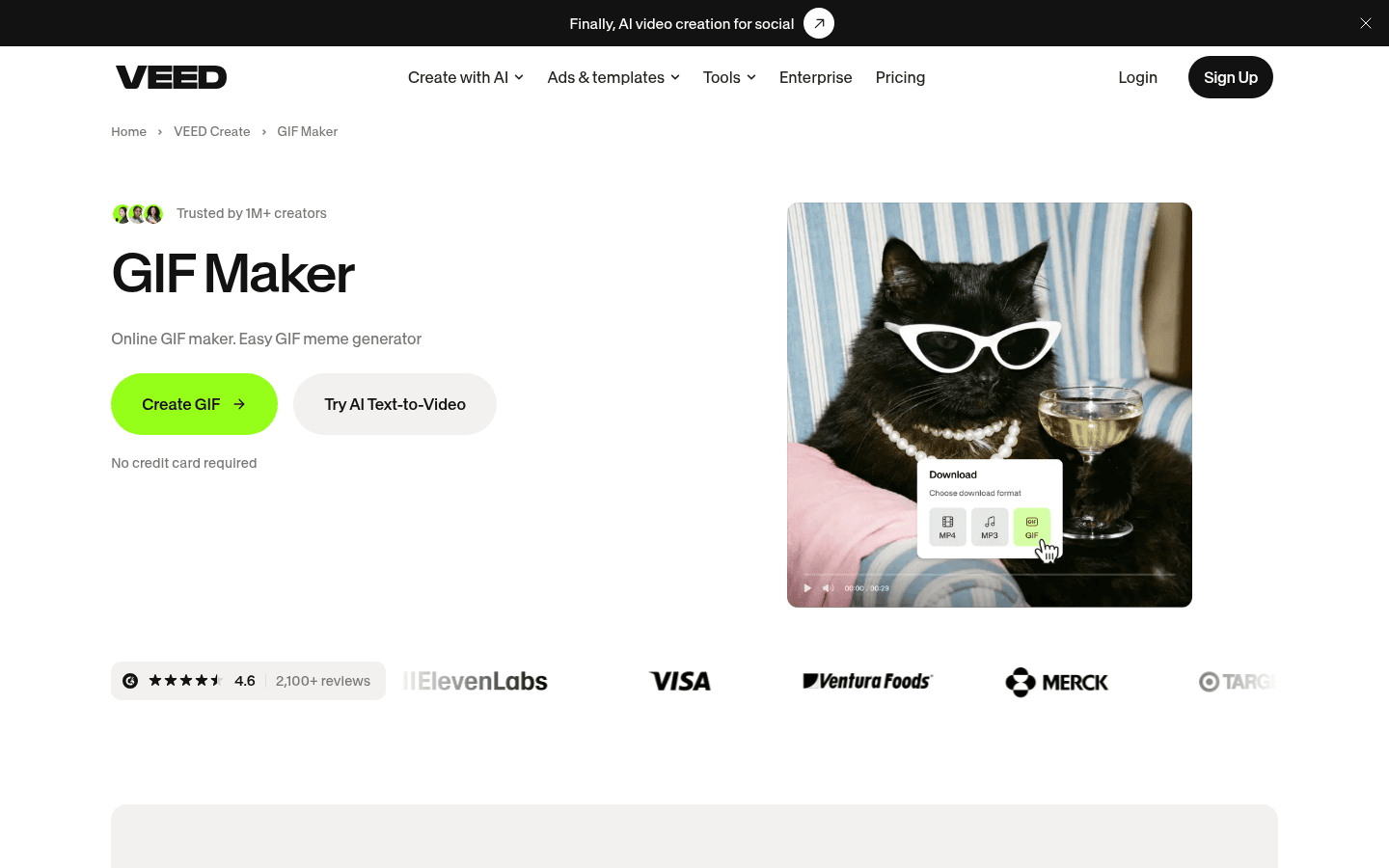 VEED GIF maker page highlighting trim or split tools with text, images, and captions before export