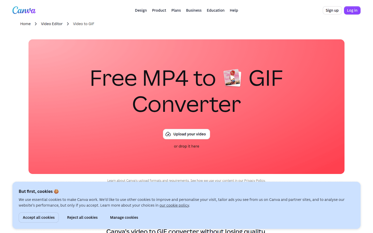 Canva video to GIF converter page showing supported upload formats, trimming, and subtitle references