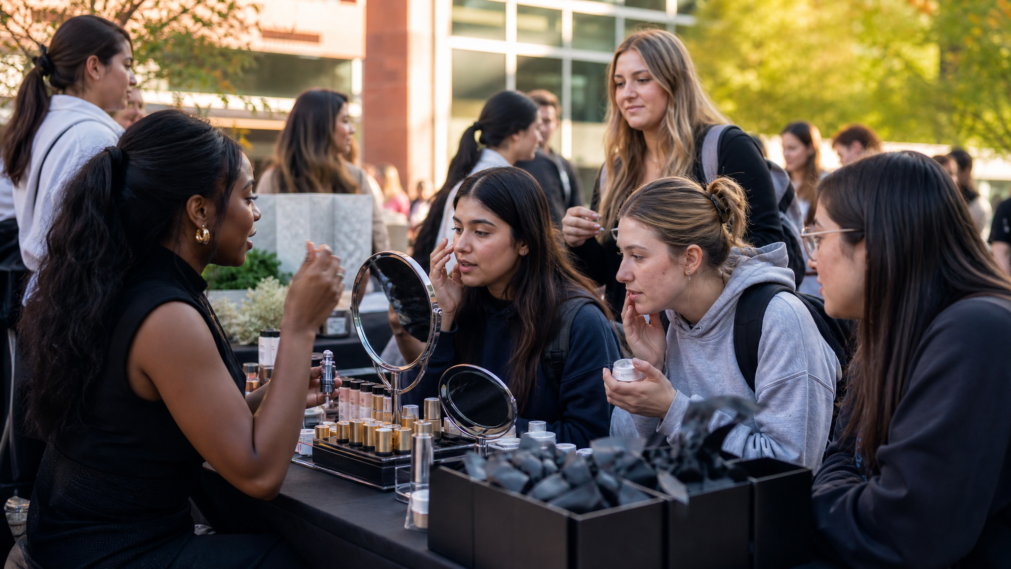 Students testing beauty products at a campus table with hands-on stations and small giveaway items
