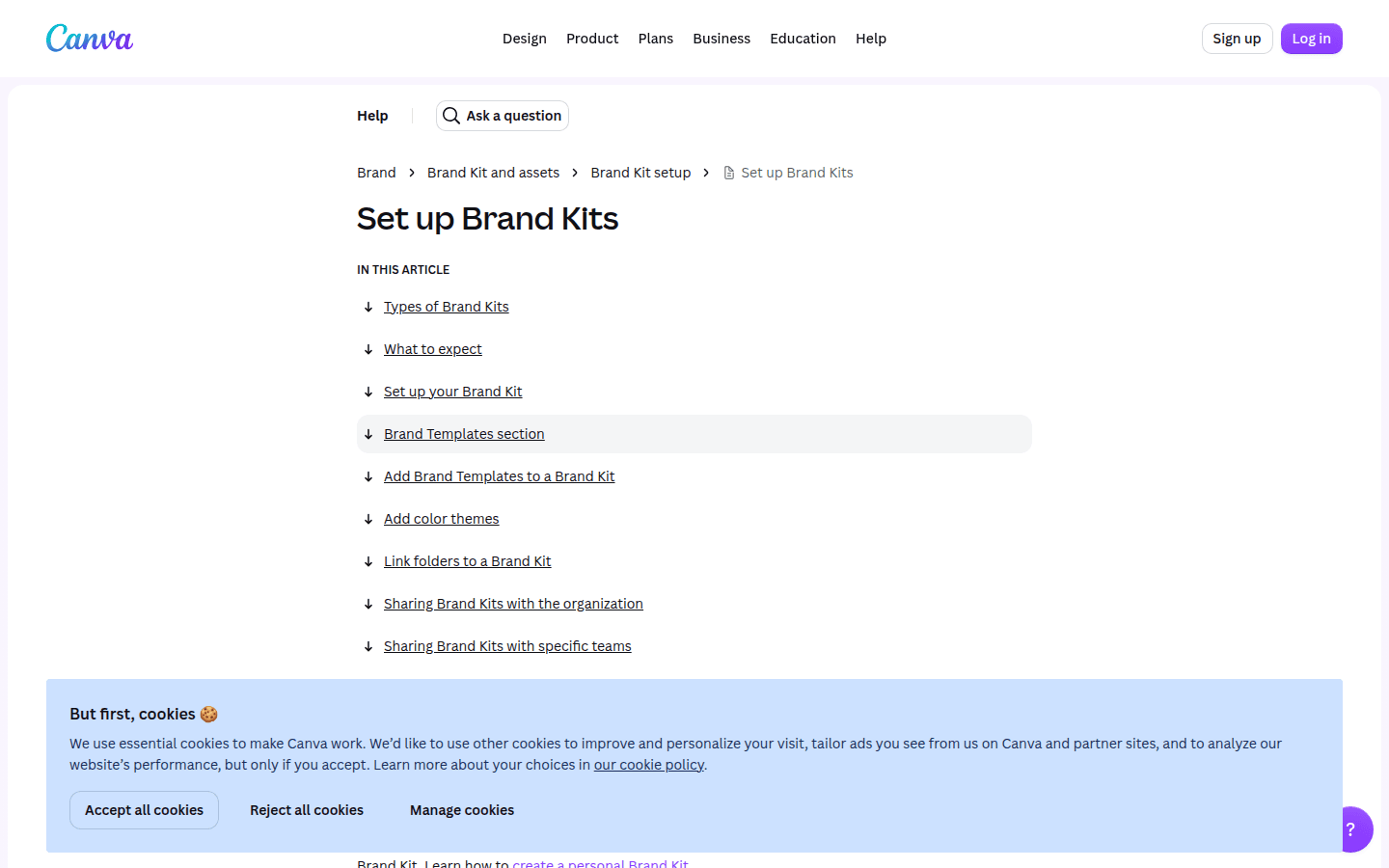 Canva help page showing Brand Kits setup and brand control information