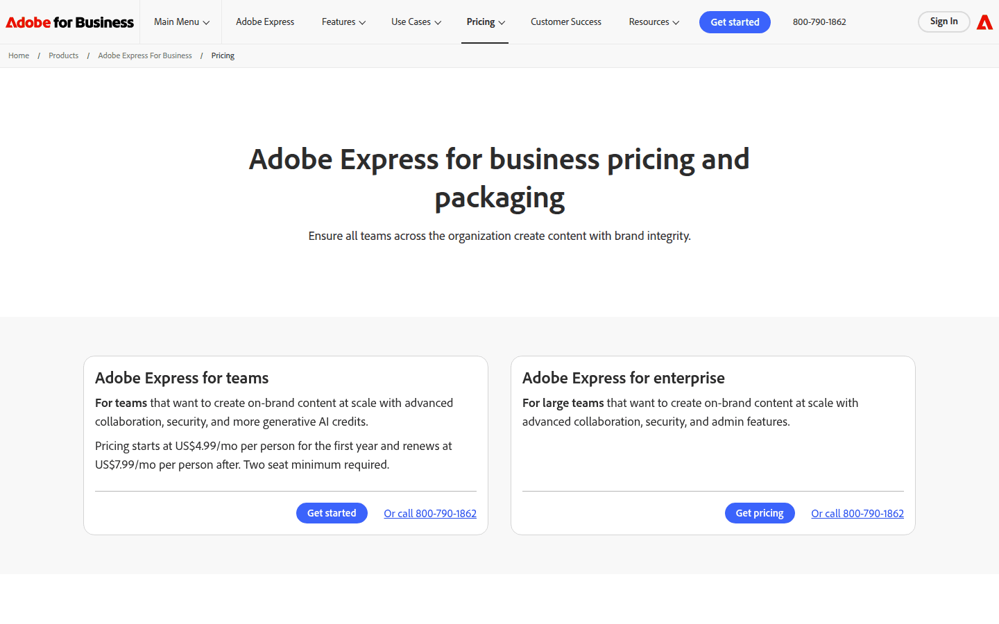 Adobe Express business pricing page showing brand kits, template locking, and permissions features
