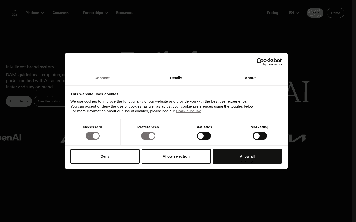 Frontify product overview page highlighting DAM, guidelines, templates, and portals