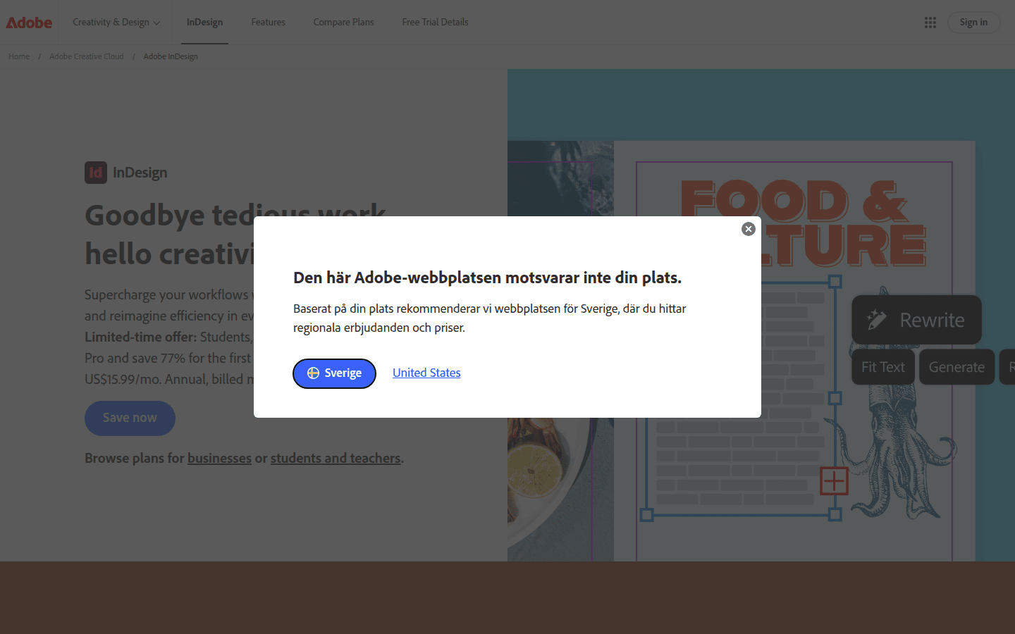 Screenshot of Adobe InDesign's product page, highlighting its features for professional layout and print.