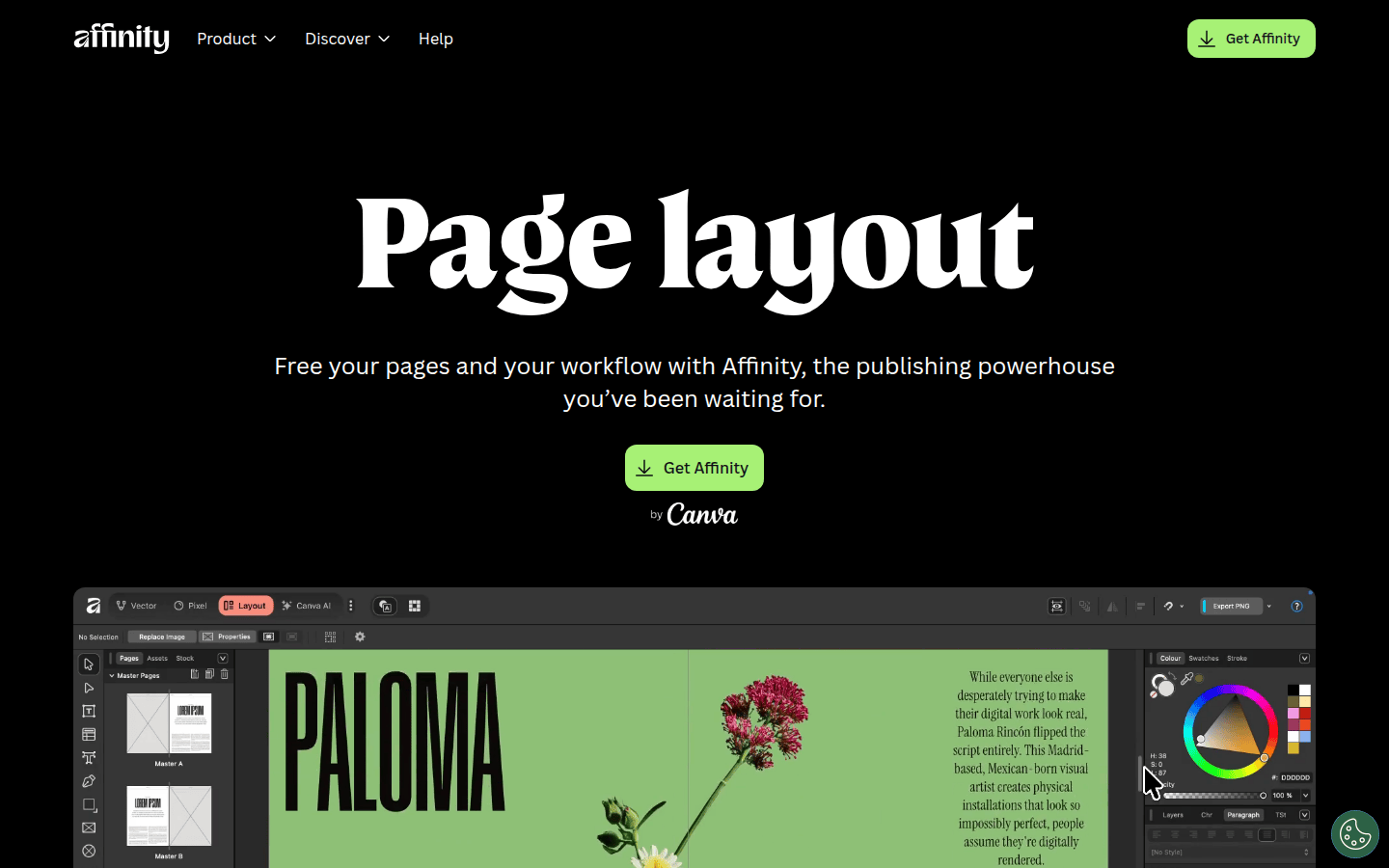 Screenshot of Affinity Publisher's product page, showcasing its desktop publishing capabilities.