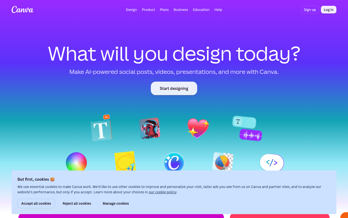 Screenshot of Canva's homepage, illustrating its user-friendly interface and template library.