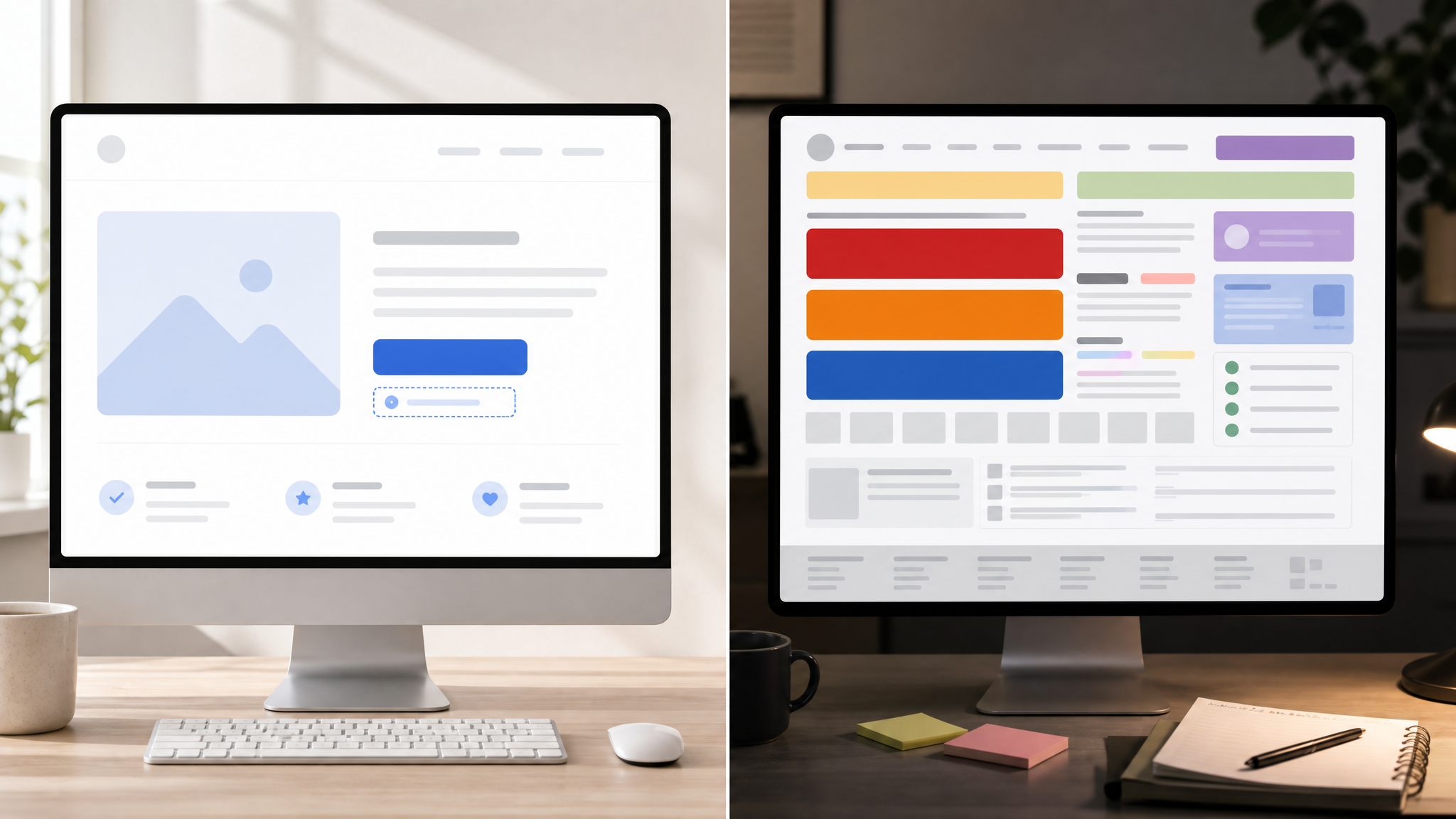Two contrasting webpage mockups, one with notice text placed directly near a button and one with notice text visually distant and faint