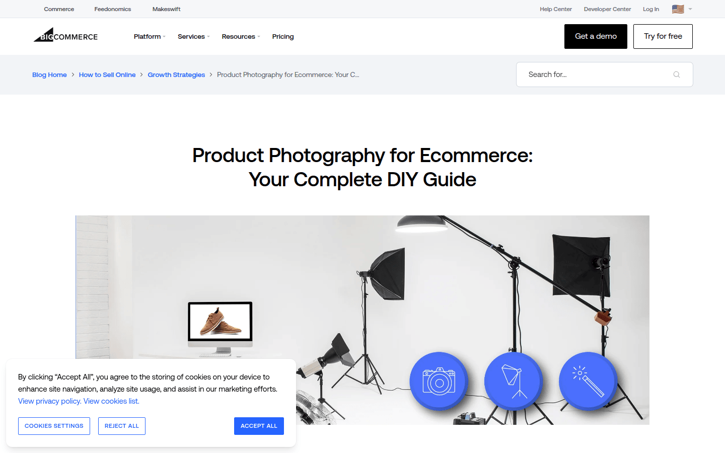 Screenshot of BigCommerce blog post on product photography tips, showing examples of good and bad lighting.