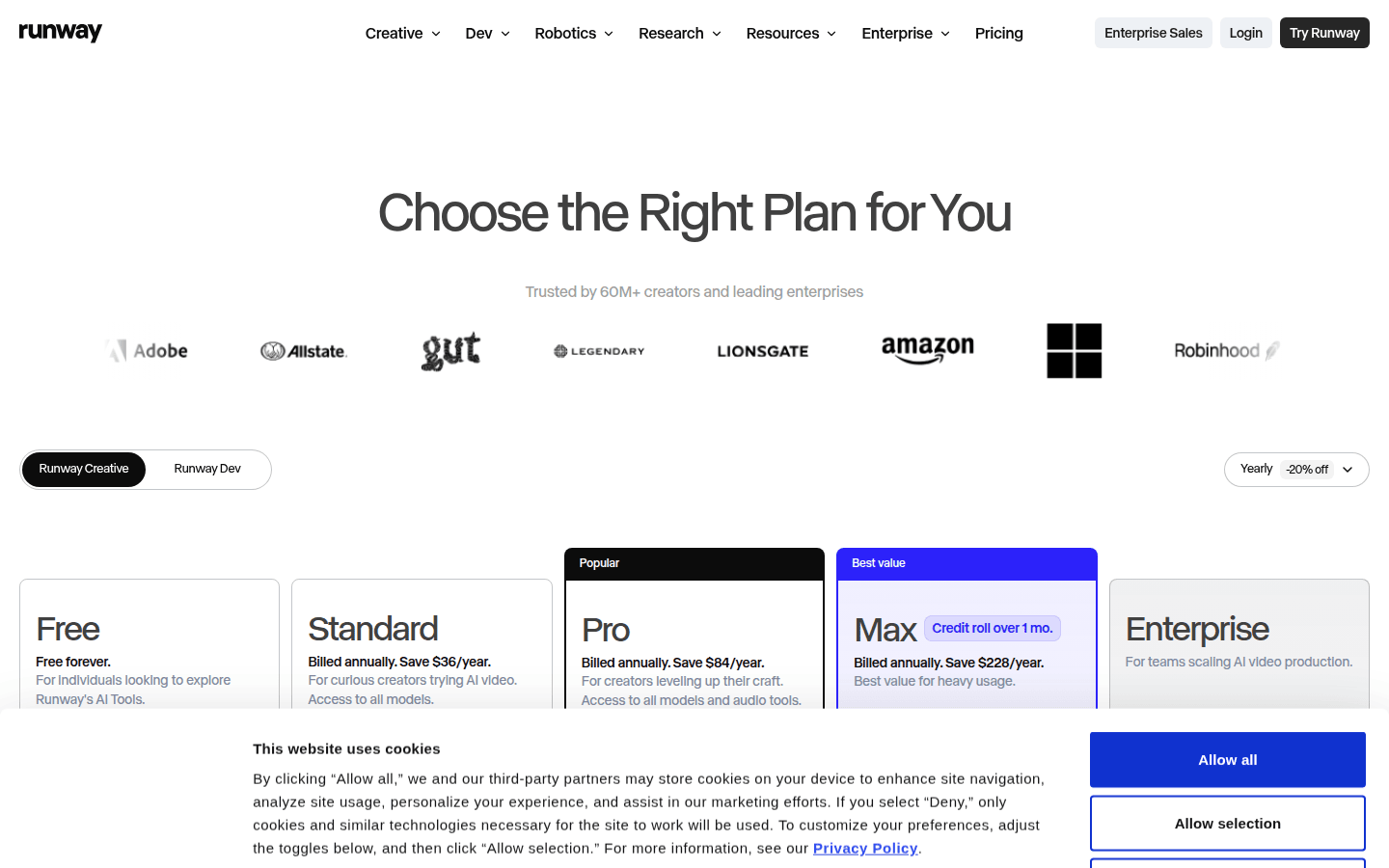 Runway pricing page showing Free credits and Standard plan no-watermark detail