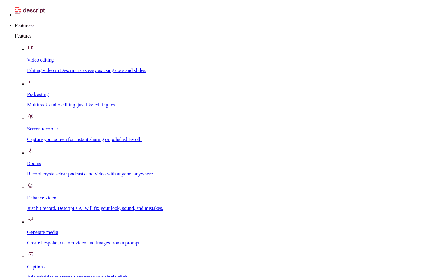 Descript pricing page showing 720p watermark-free export on Free and higher export tiers