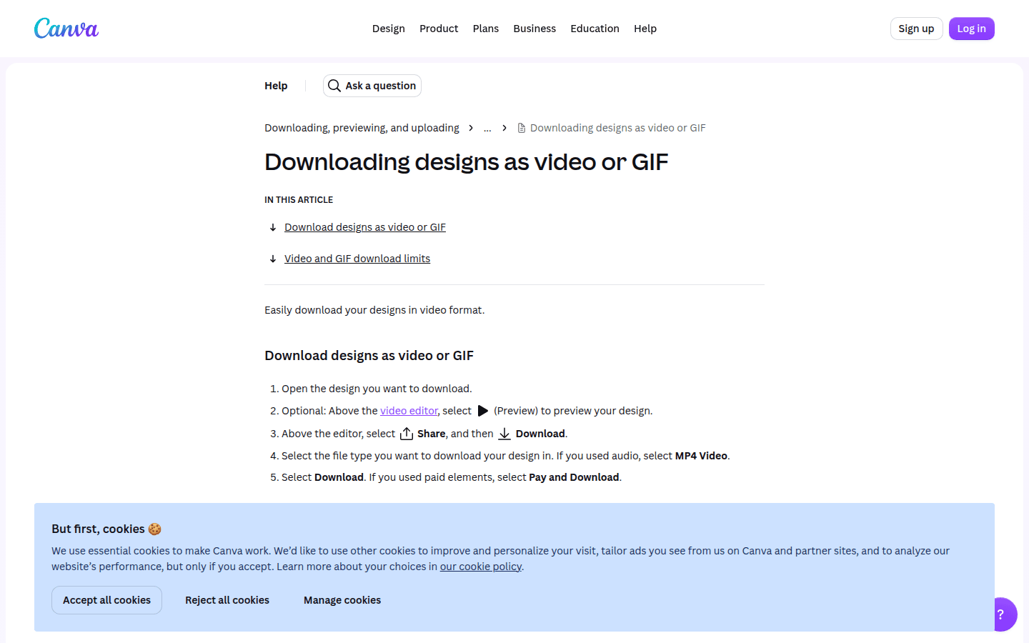 Canva help page showing free and paid video download limits for length and resolution