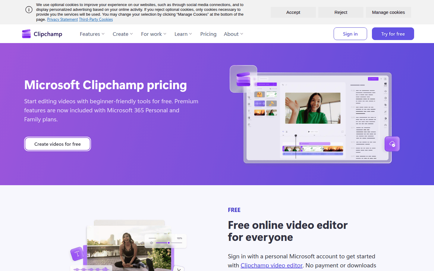 Clipchamp pricing page showing watermark-free 1080p free exports and premium 4K export tier