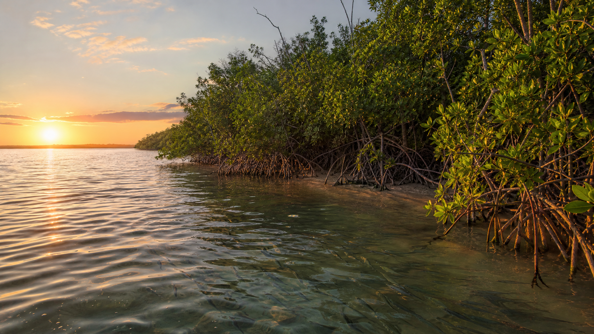Mangrove shoreline at golden hour with fish ripples in shallow coastal water