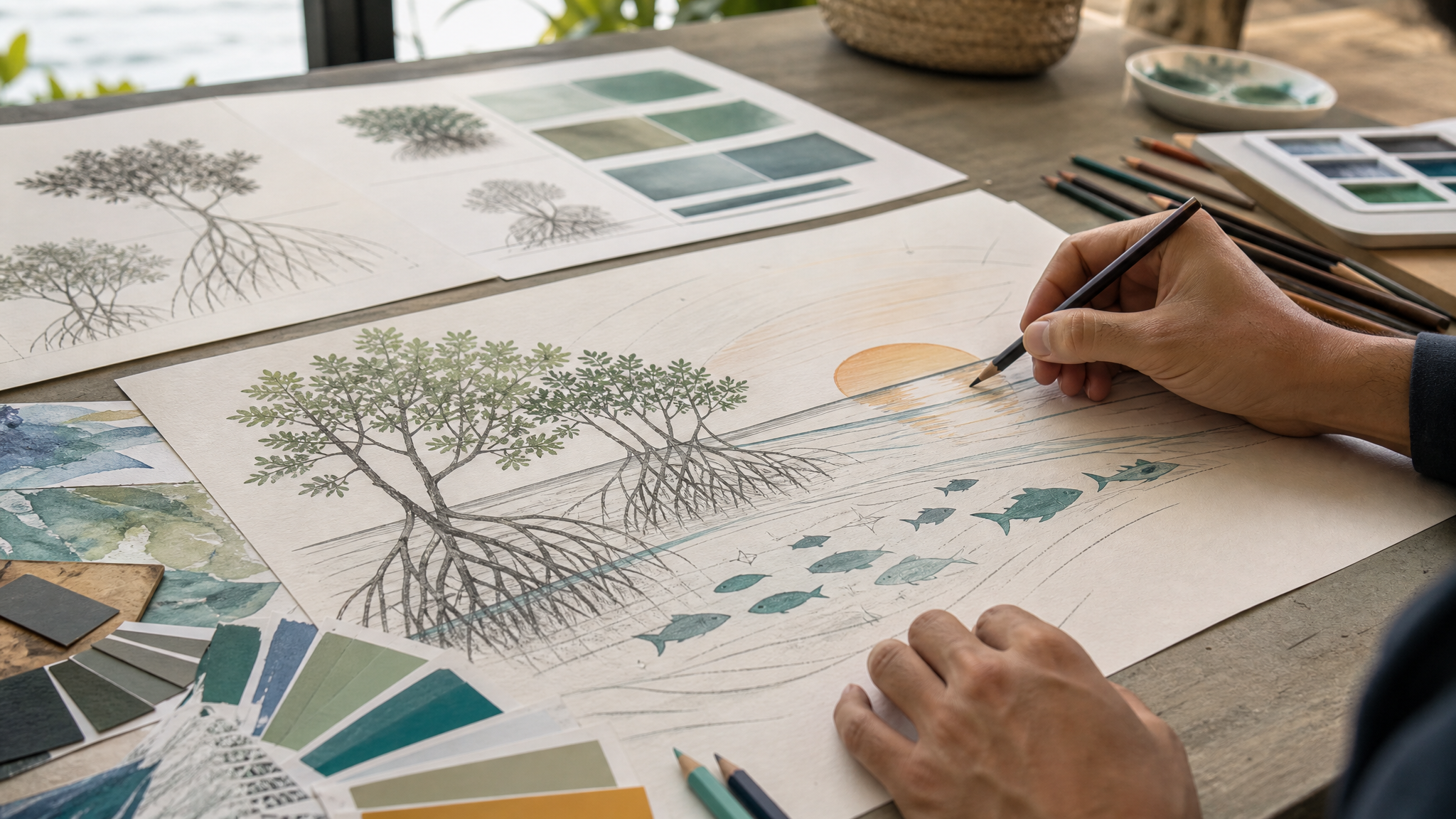 Designer sketching simplified coastal elements on paper in a sunlit studio