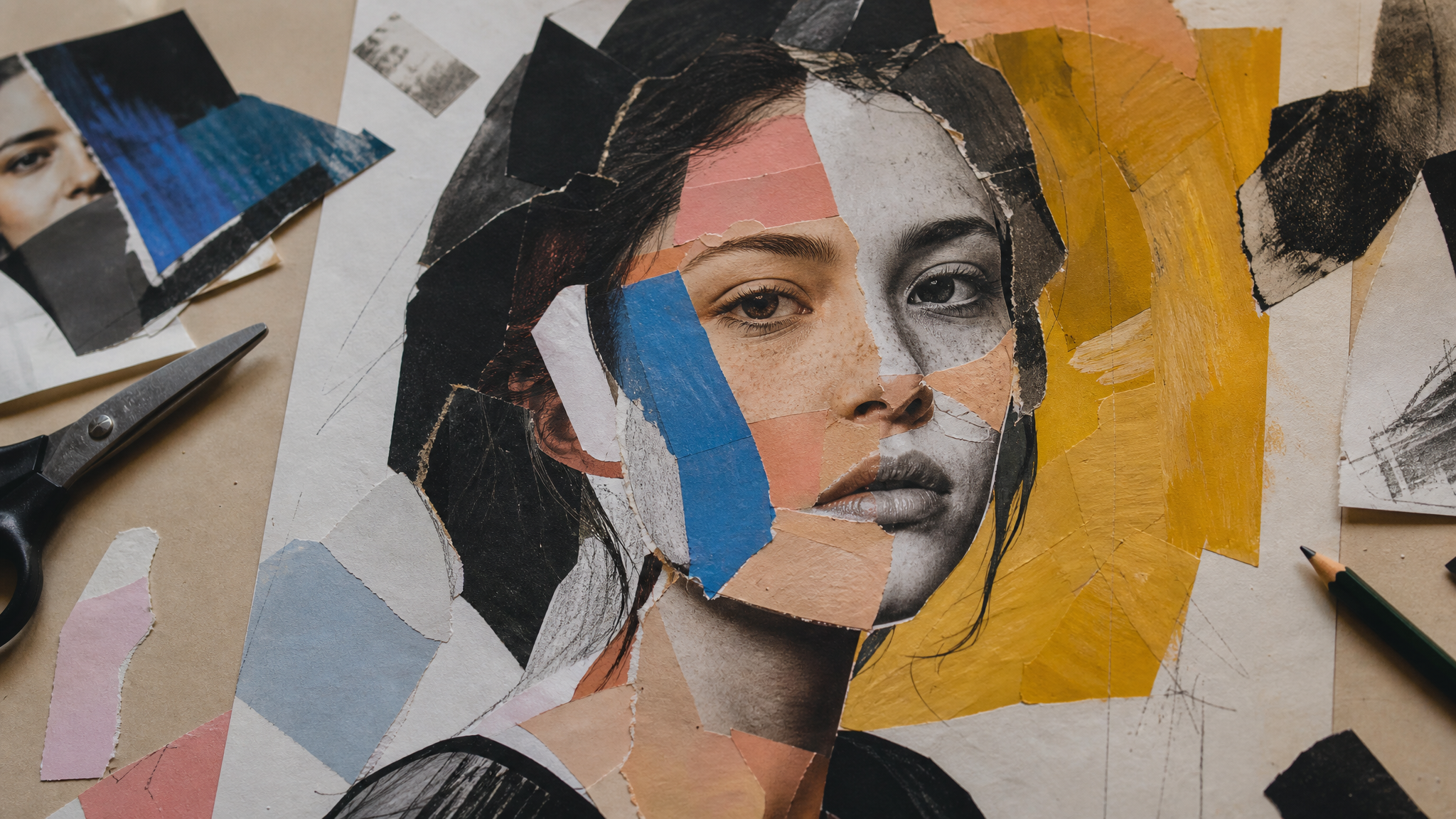 Close view of a tabletop with painted photo prints, cut paper edges, and drawing marks layered into a portrait collage