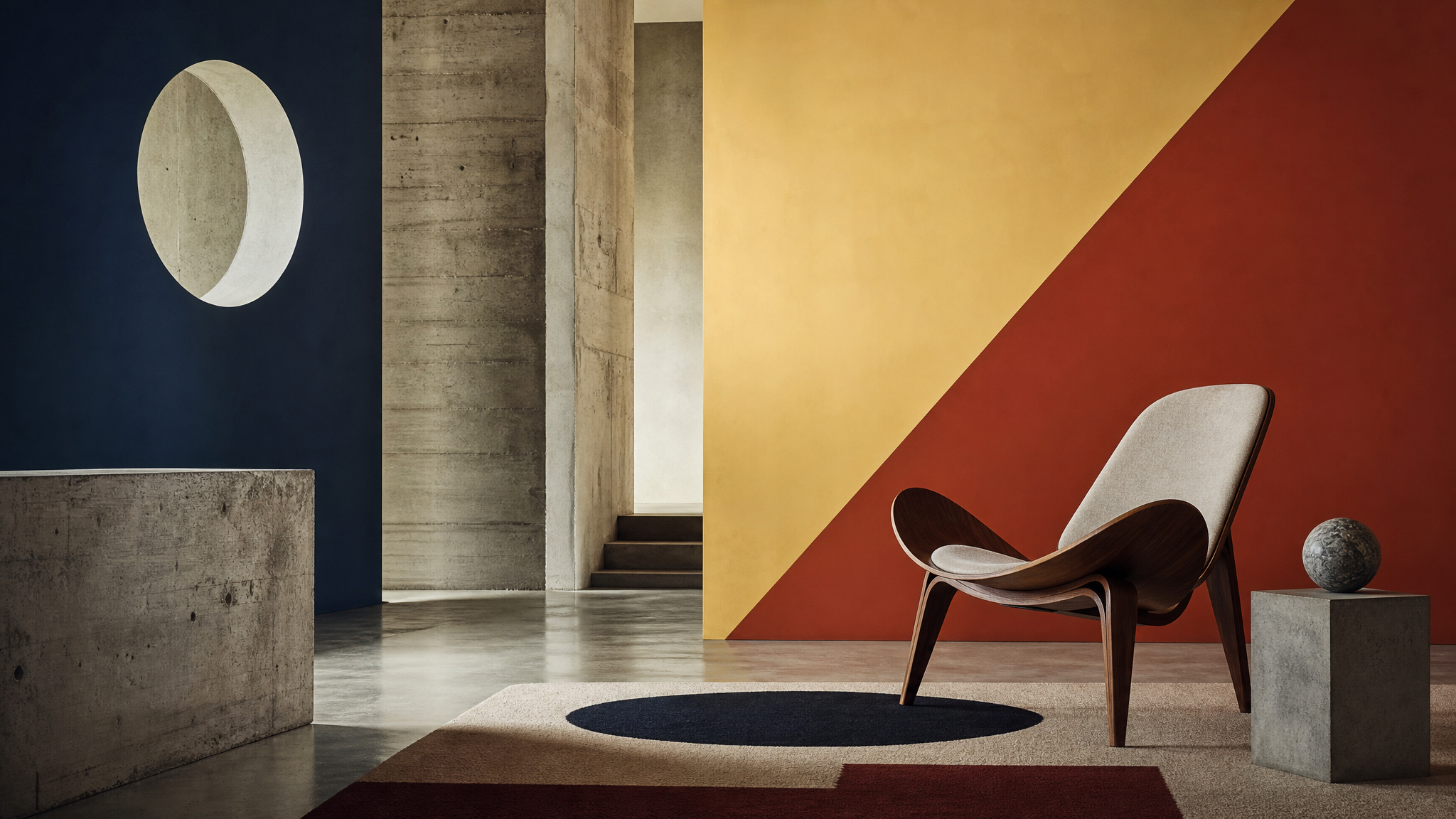 Minimal interior with a sculptural mid-century chair against a stark geometric backdrop inspired by museum architecture