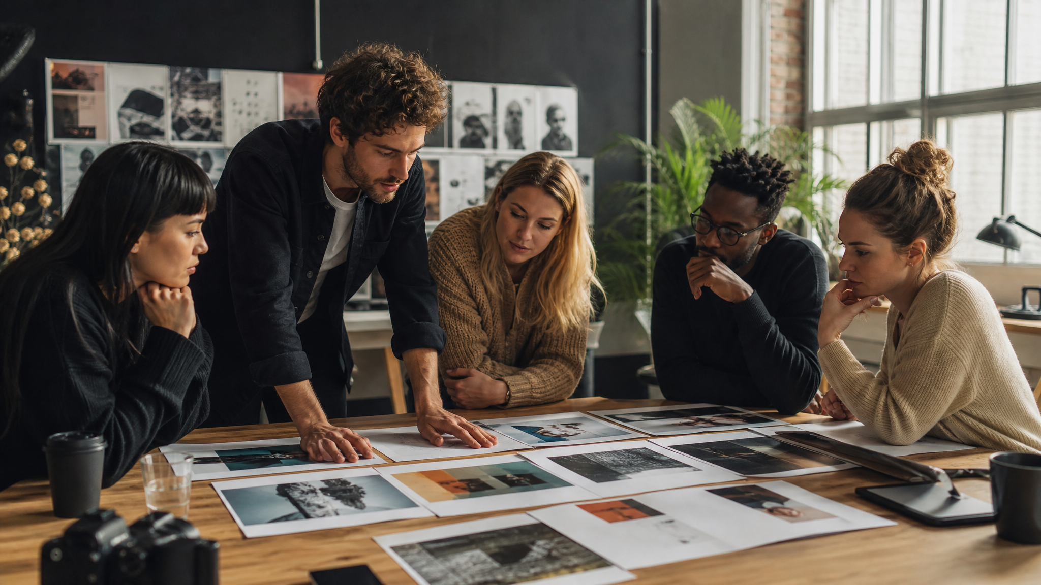 Marketing team comparing multiple video concepts in a studio setting