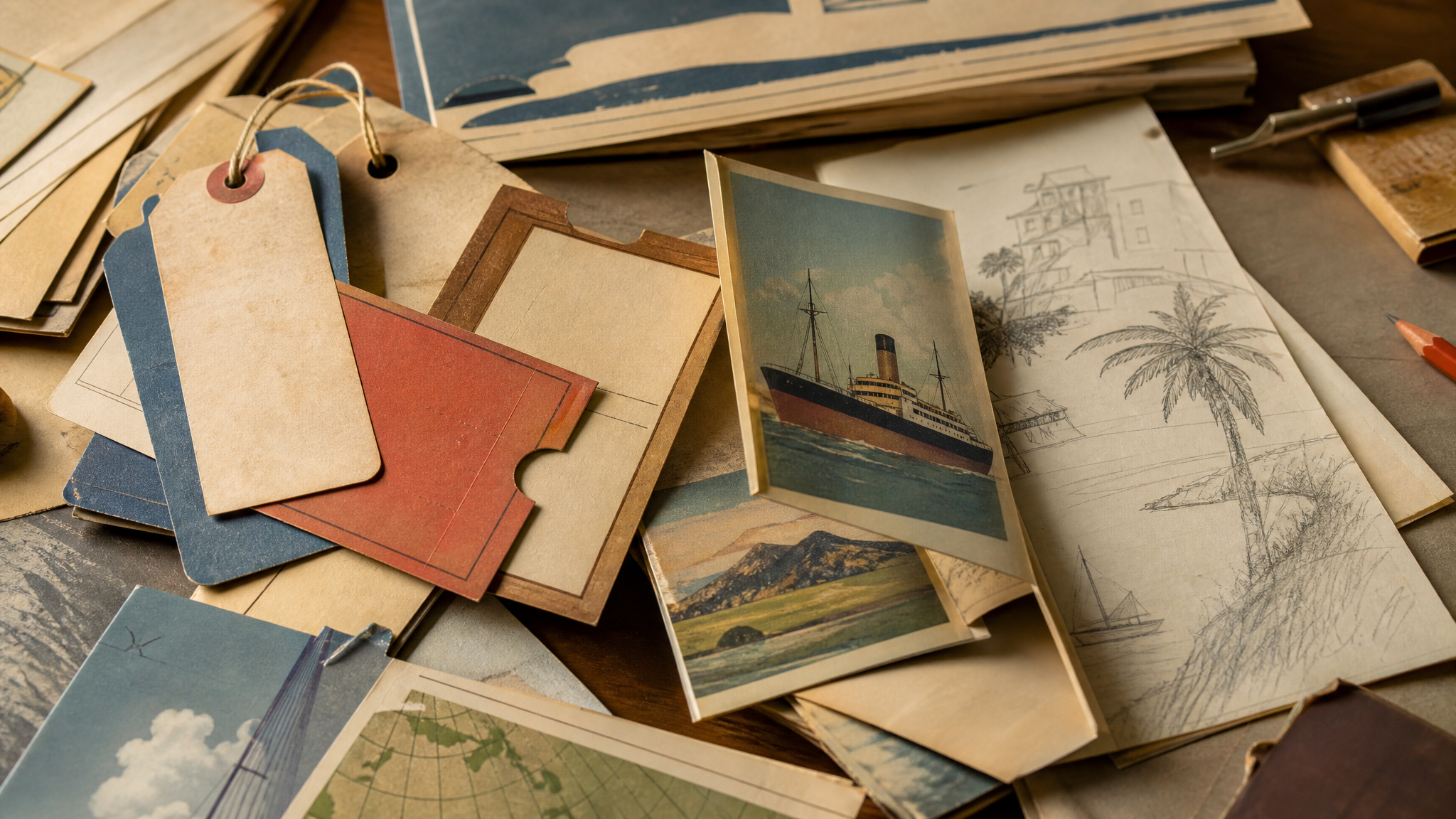 Close view of vintage-style travel ephemera including tickets, baggage labels, brochures, and sketch pages arranged on a table