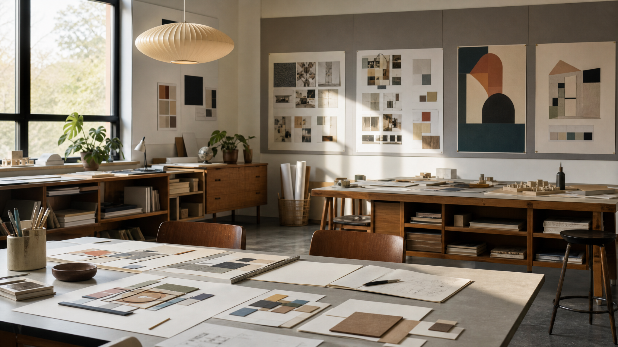 Design classroom or studio setting with printed posters and paper layouts pinned up for critique