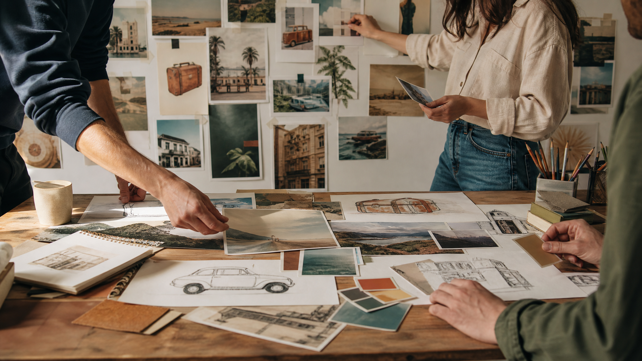 Creative team pinning visual references beside product sketches and travel-scene thumbnails
