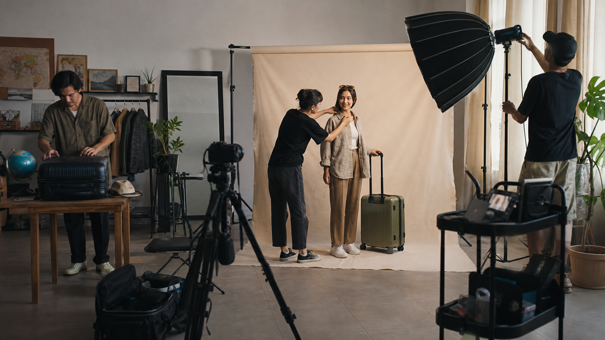 Shared production set repurposed for two pieces of content with luggage, lights, and a simple scanning station