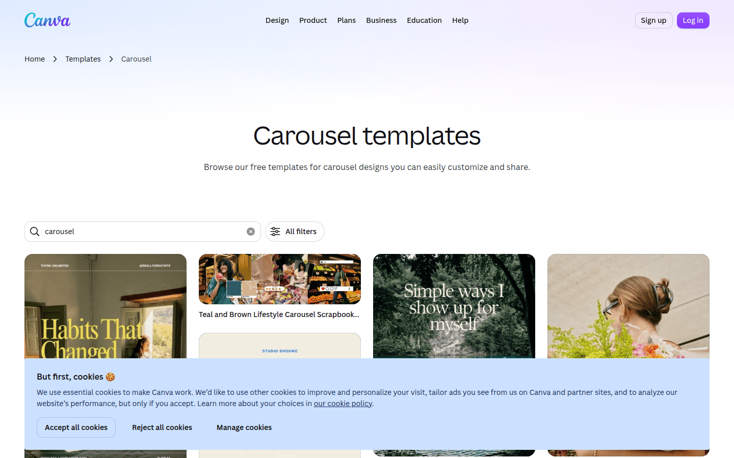 Screenshot of Canva's carousel template library, showing various pre-designed layouts for social media.