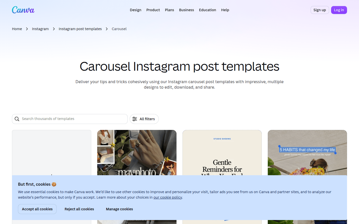 Screenshot of Instagram carousel post templates in Canva, showing examples of continuous designs.