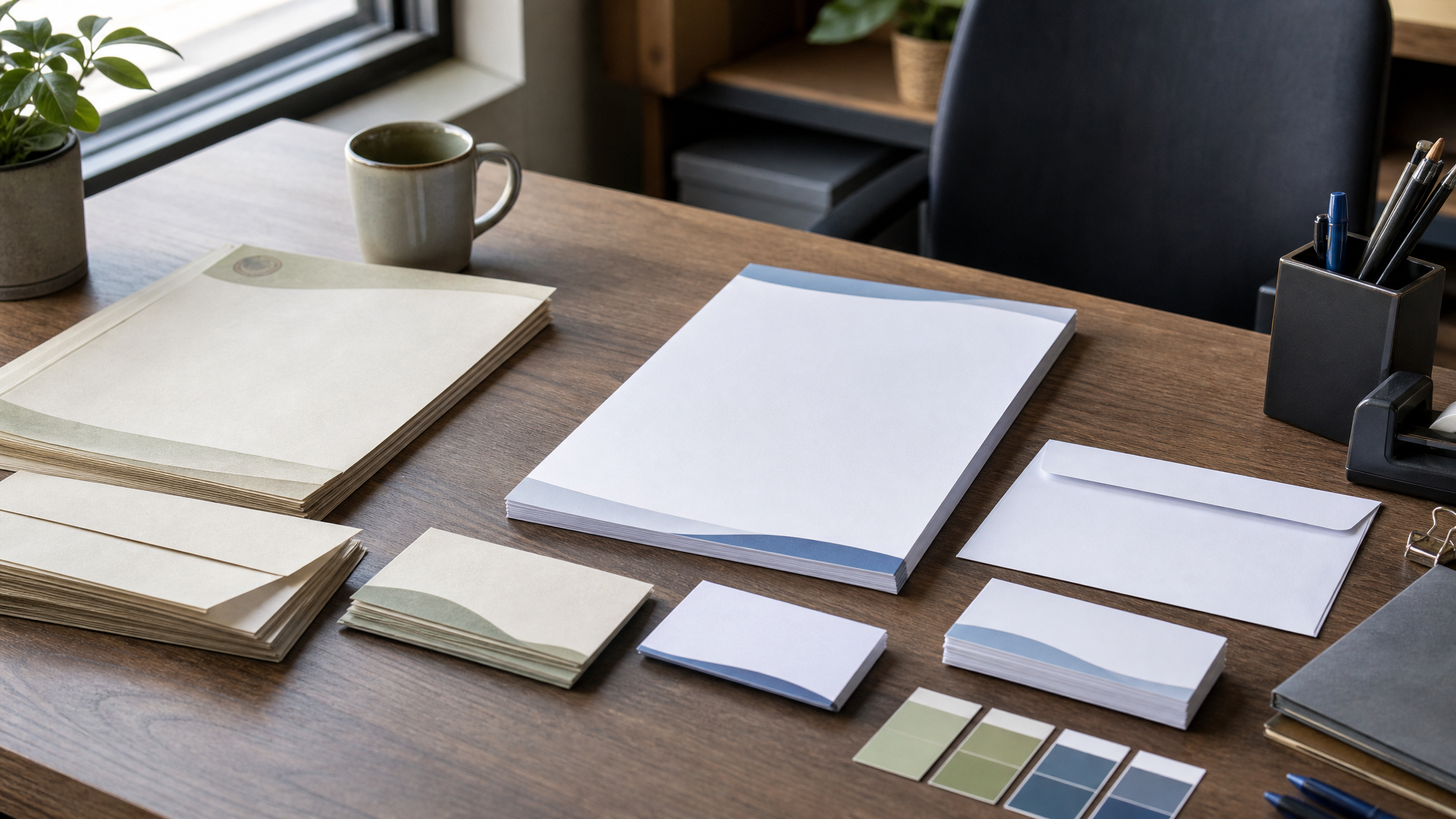 Municipal office desk with neatly stacked letterhead beside fresh stationery supplies, suggesting a gradual transition rather than a full replacement