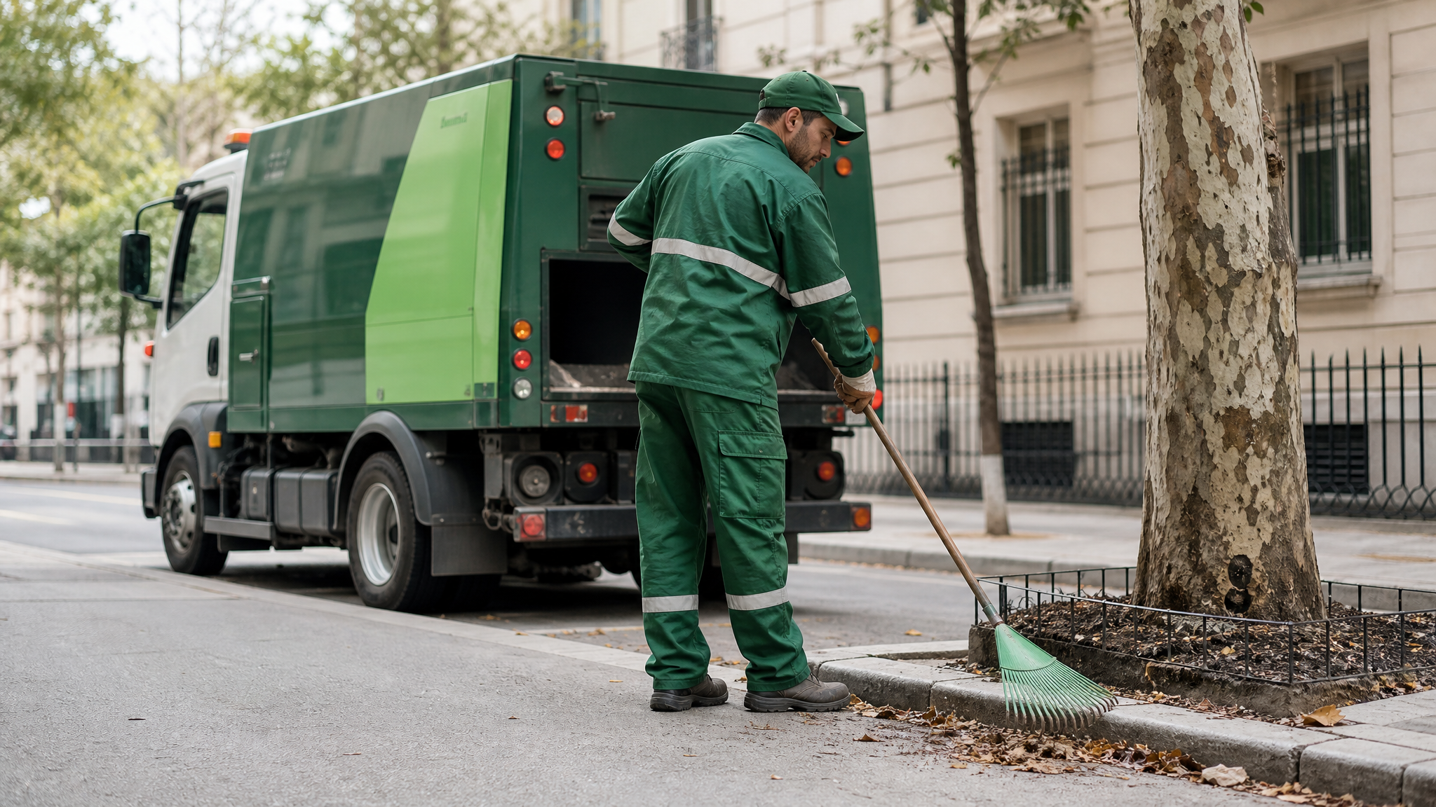 City service vehicle parked near a sidewalk while a staff member in a coordinated uniform and cap stands nearby