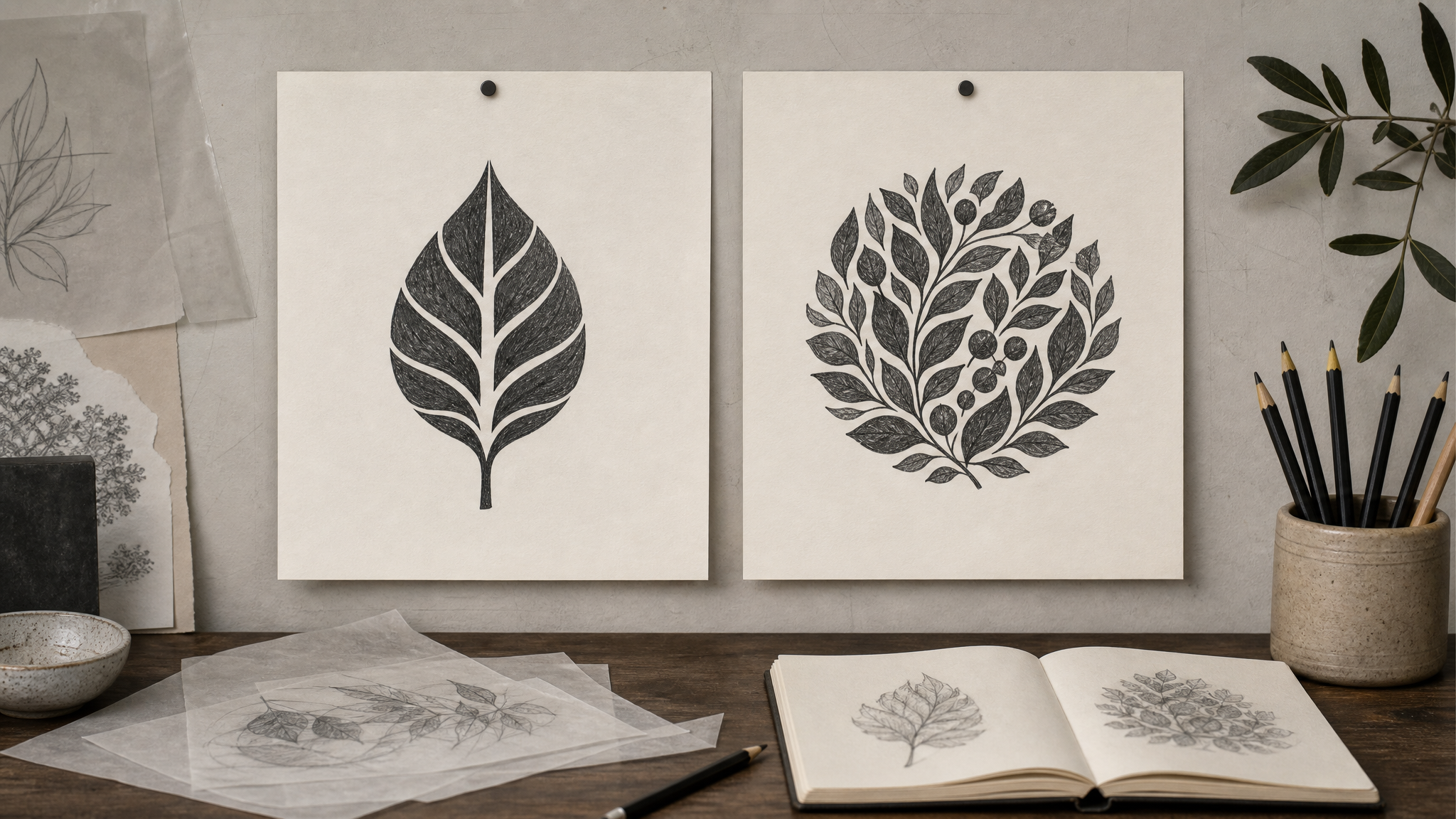 Two simplified park emblem sketches pinned side by side, one with a clean leaf silhouette and one with a dense rounded vegetable-like cluster