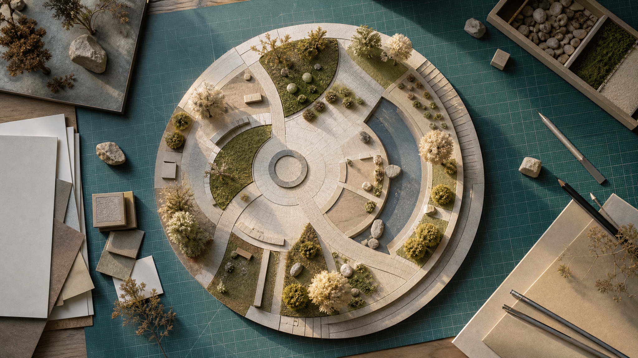 Top-down editorial view of a circular plaza model with surrounding paths and small landscape blocks arranged on a worktable