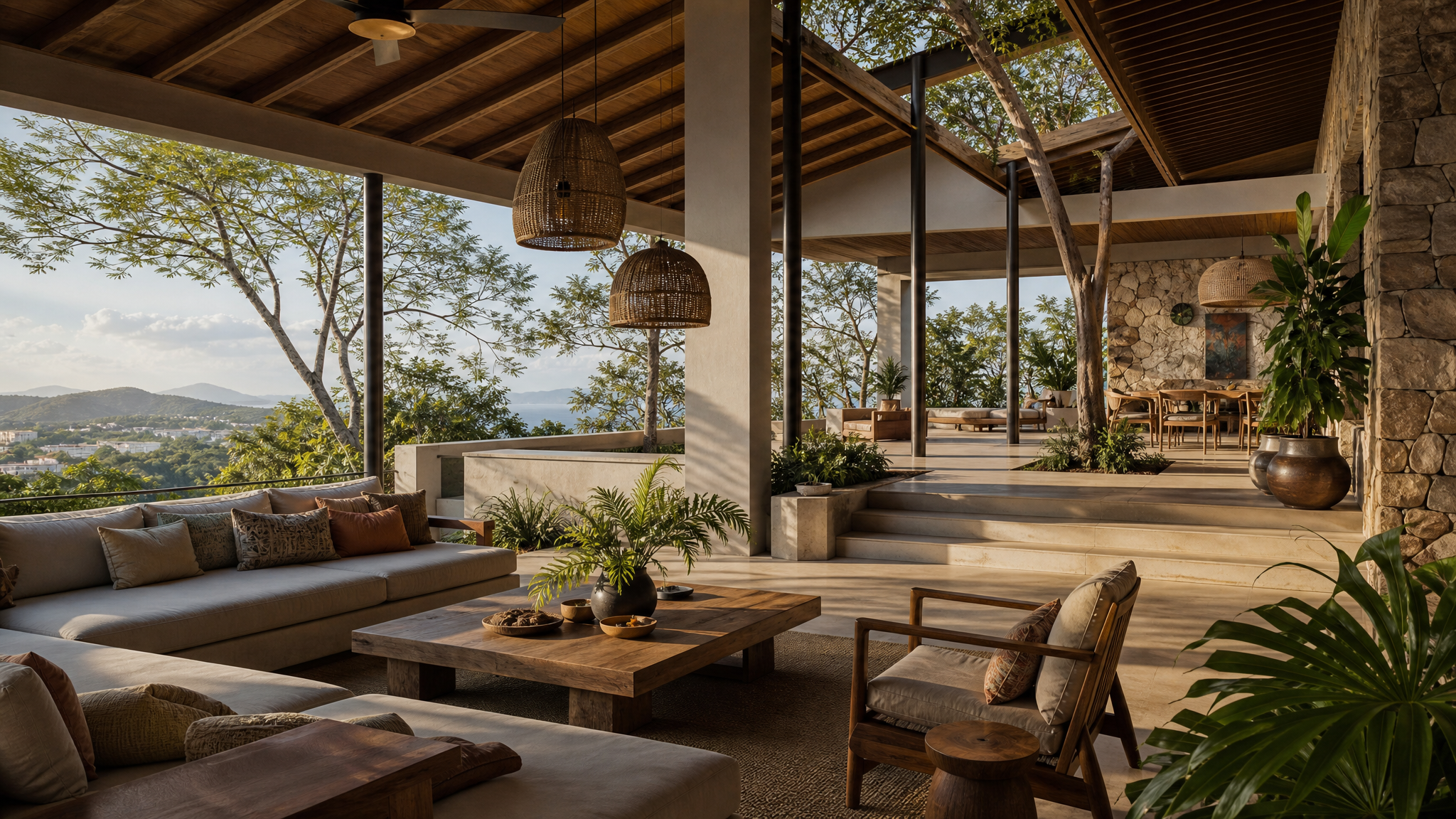 Open-sided terrace structure with partial roof, columns, seating zones, and visible transitions between indoor and outdoor space