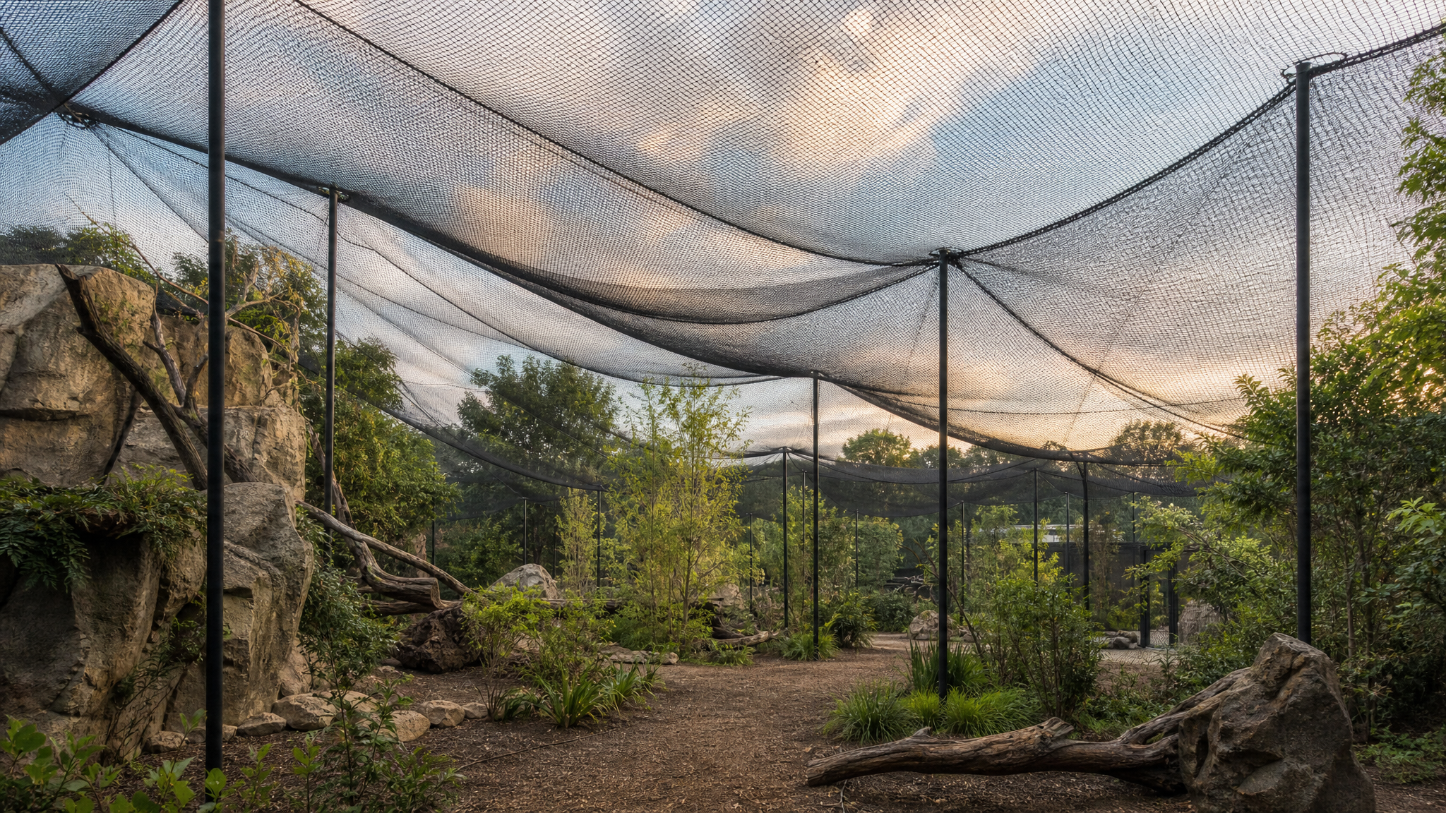 Lightweight canopy material draped between support poles above a landscaped enclosure, showing believable sag and tension