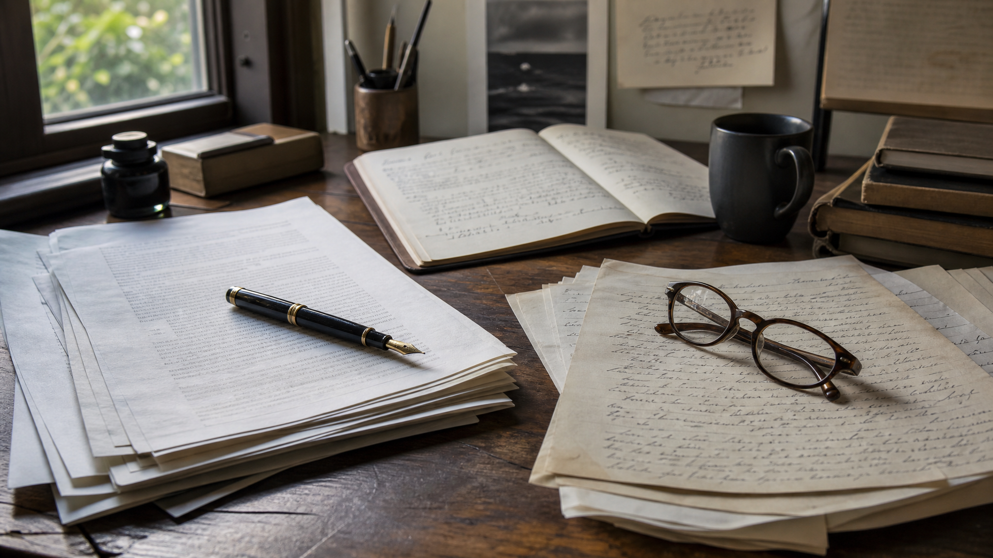 Close view of contracts, handwritten notes, and music manuscript pages on a desk