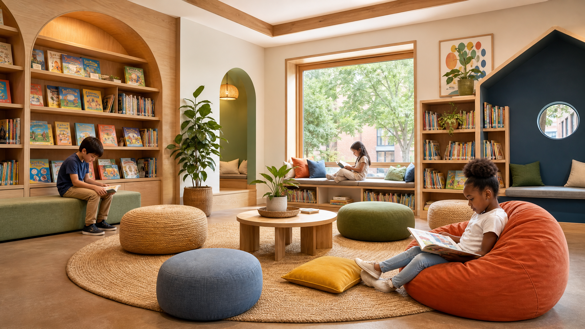 Community reading space that feels connected to a larger personal story through warmth and accessibility