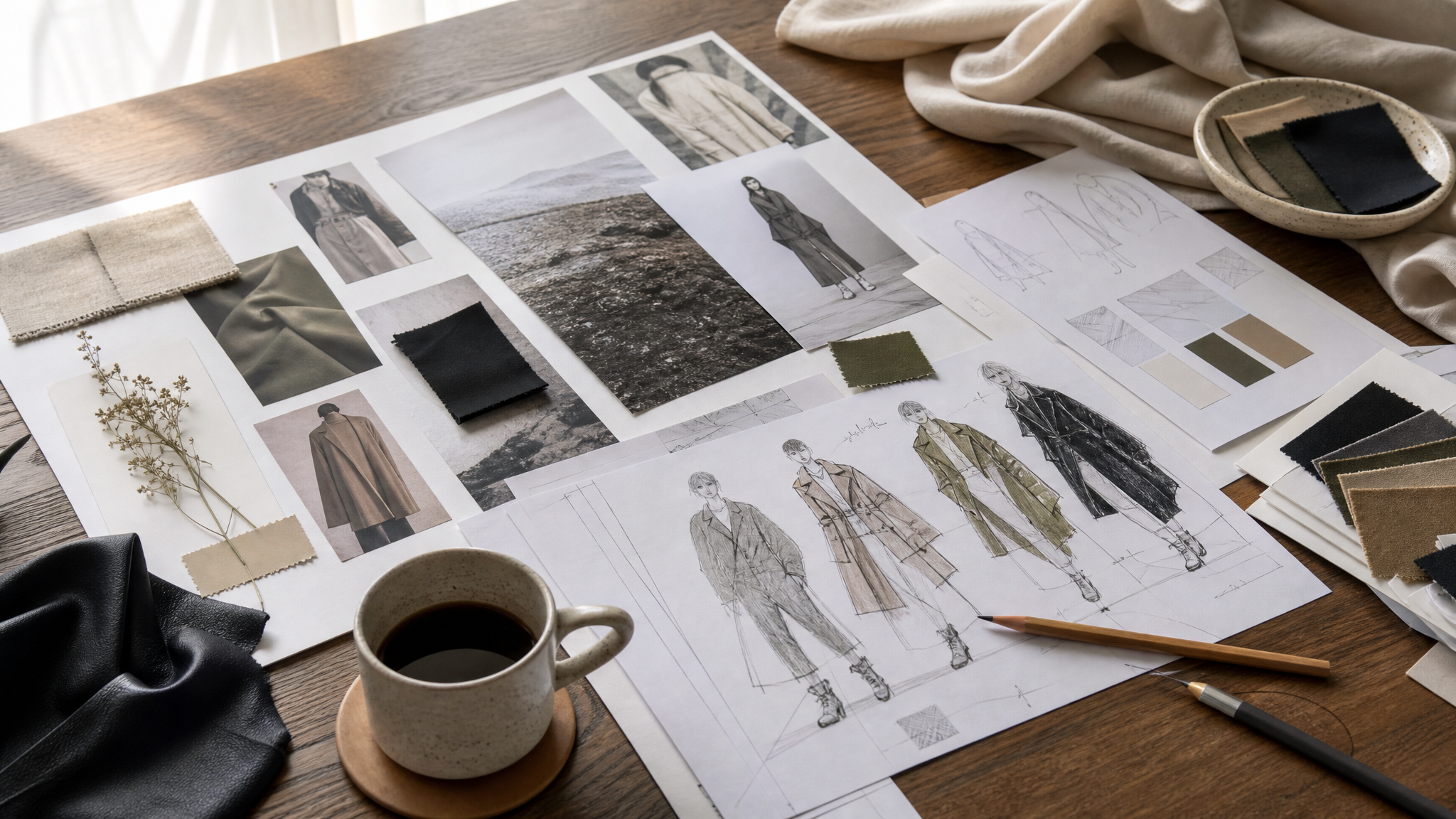 Close view of a fashion mood board beside a model release sheet and marked-up usage notes on a desk