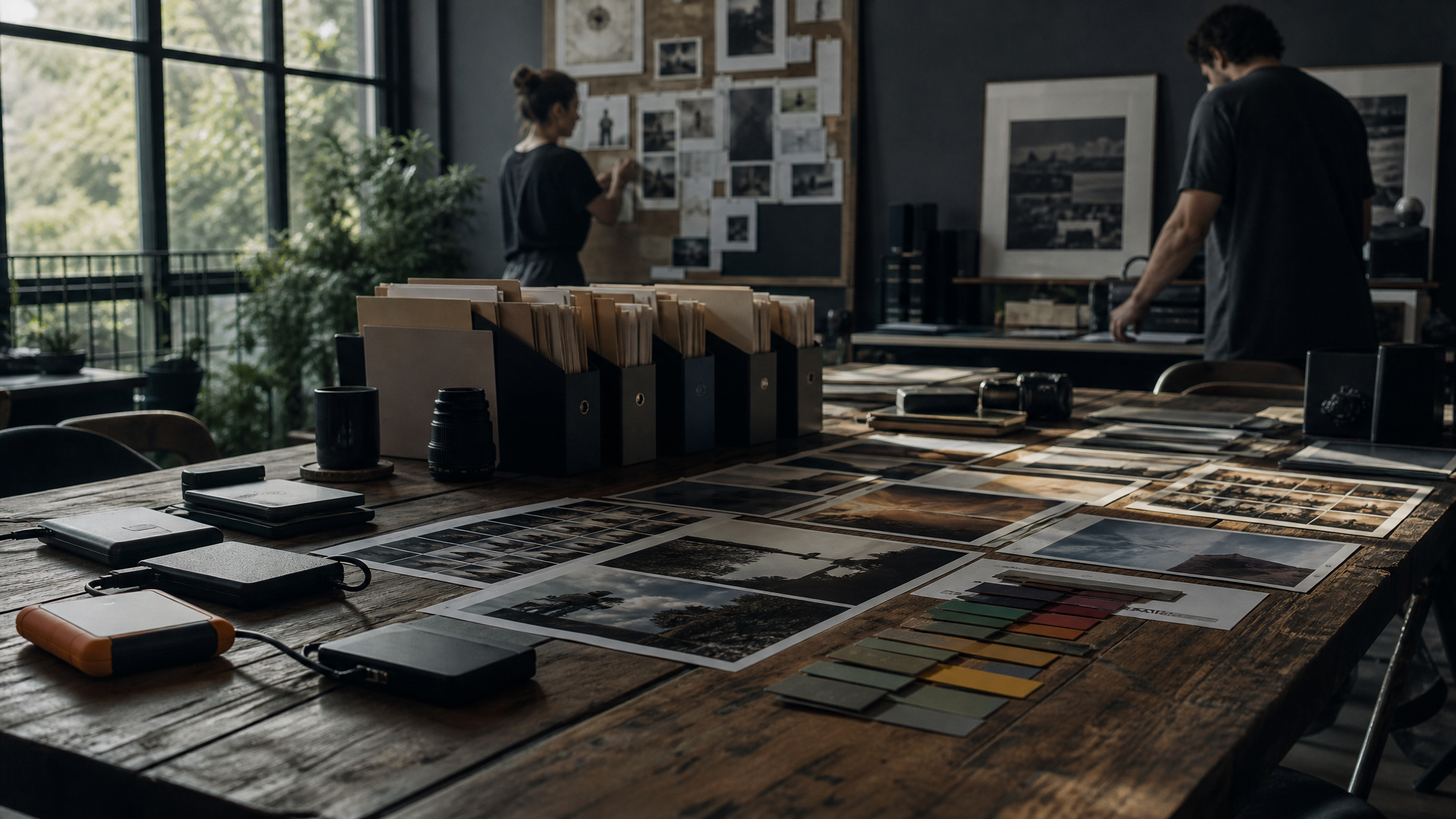 Creative production handoff shown through folders, hard drives, and photo selects moving across a shared studio table