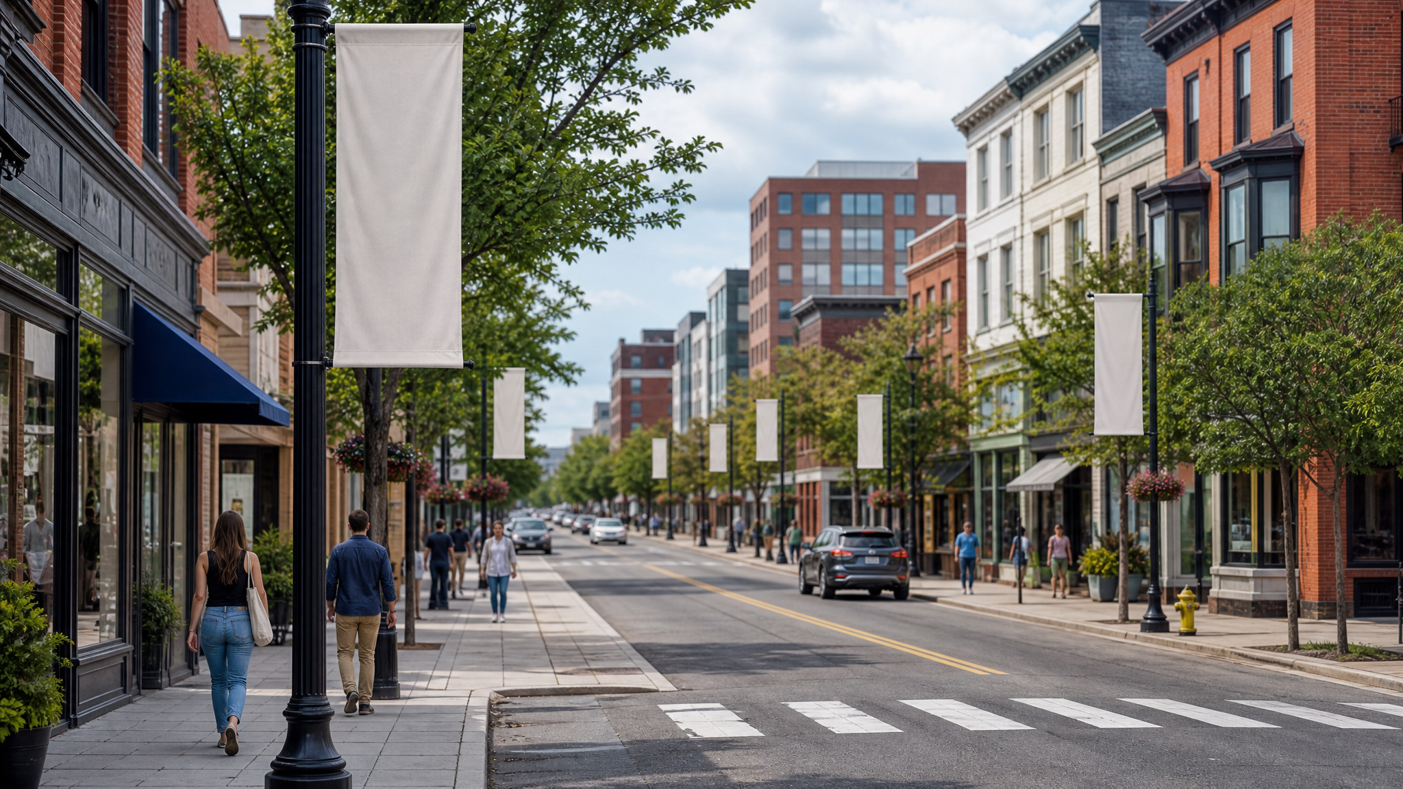 Rows of blank vertical street banners attached to light poles along a neighborhood arts corridor